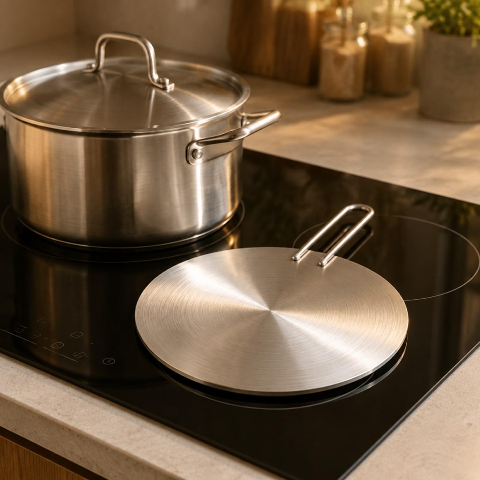 Gralara Edelstahl-Hitzvteil mit Griff zu handhaben Induktionsplatte mit Griff niedrigprofilig Wärmediffusor für Simmn und Warmhalten, 22 CM