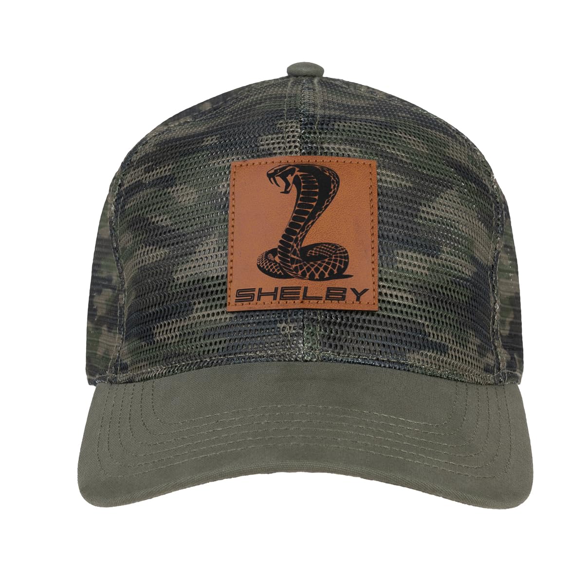 Carroll ShelbyLeather Patch Olive Camo Baseball Cap - Stiff Double Layered Mesh - Fine-Gauge Cotton Canvas Brim - One-Size Fits All Snap Closure - Officially Licensed Product