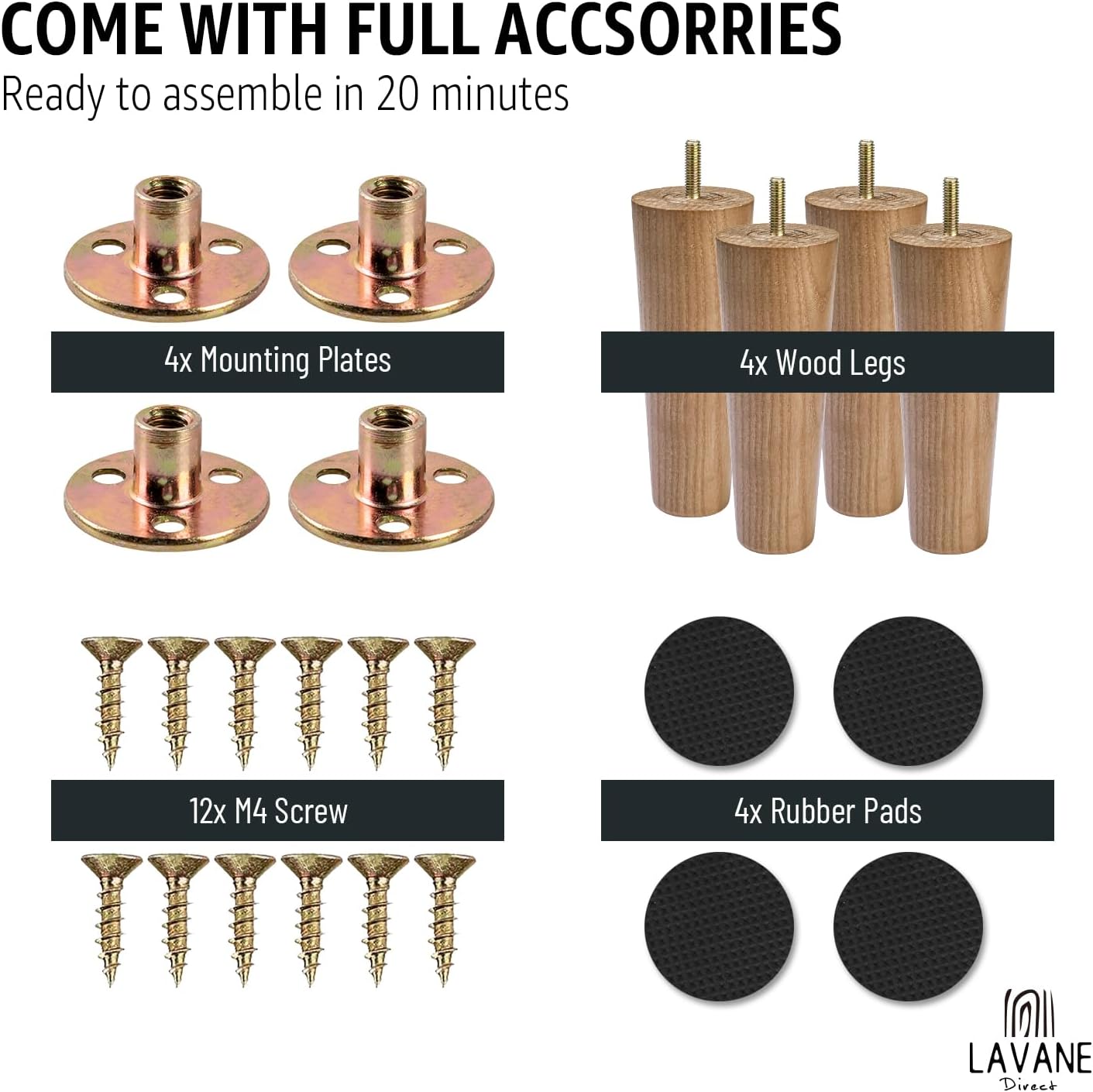 La Vane 9 Inch / 23cm Walnut Ash Wood Furniture Legs, Set of 4 - Mid-Century Modern Tapered Replacement Feet with Mounting Plate & 5/16" Bolt for Sofa, Couch, Bed, Armchair, Ottoman