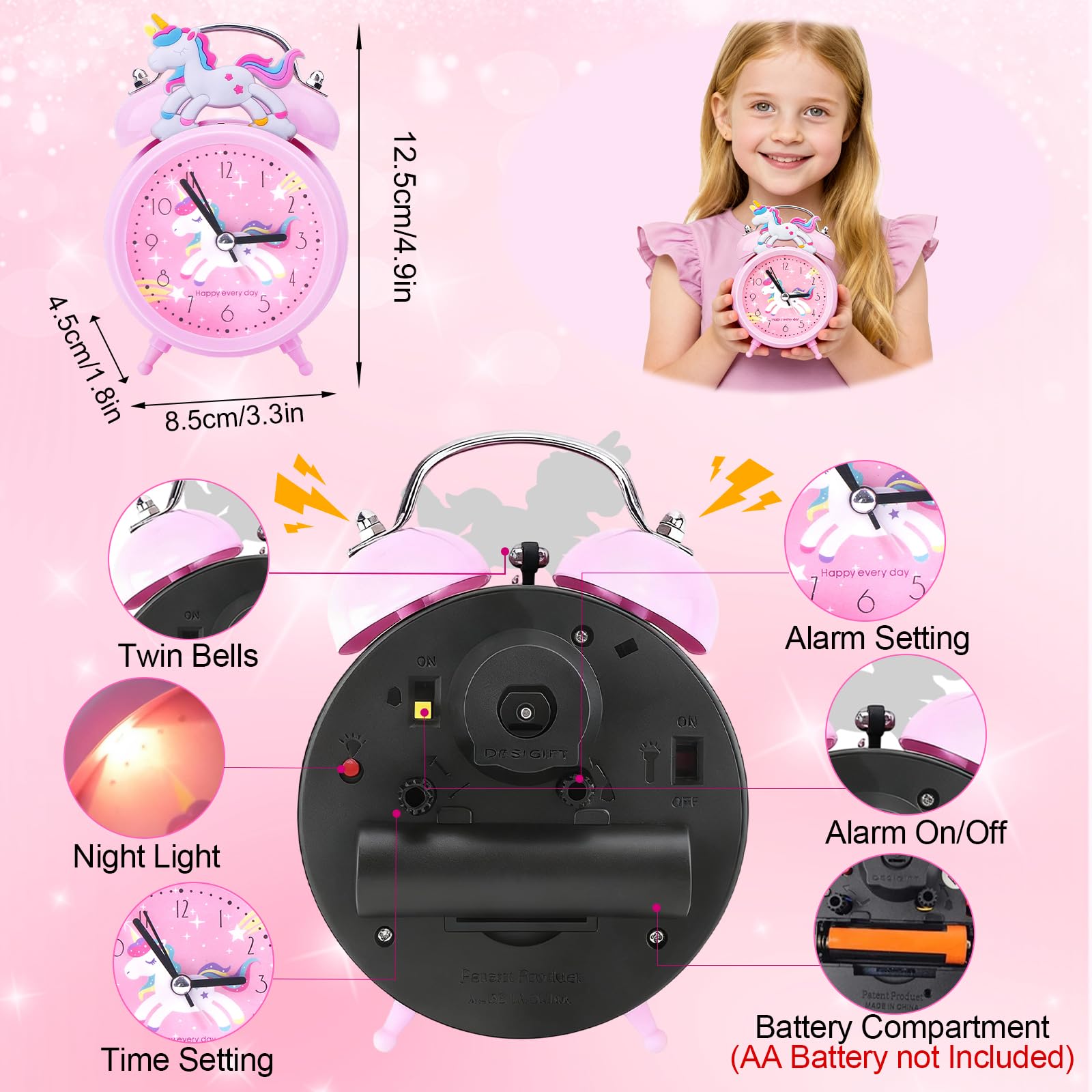 Aitsite Classico Sveglia Bambini, Orologio Unicorno Rosa con Luce Notturna Senza Ticchettio, Silenziosa, Portatile, Sveglia da Comodino Adatto per l'arredamento Della Stanza e Regali di Natale