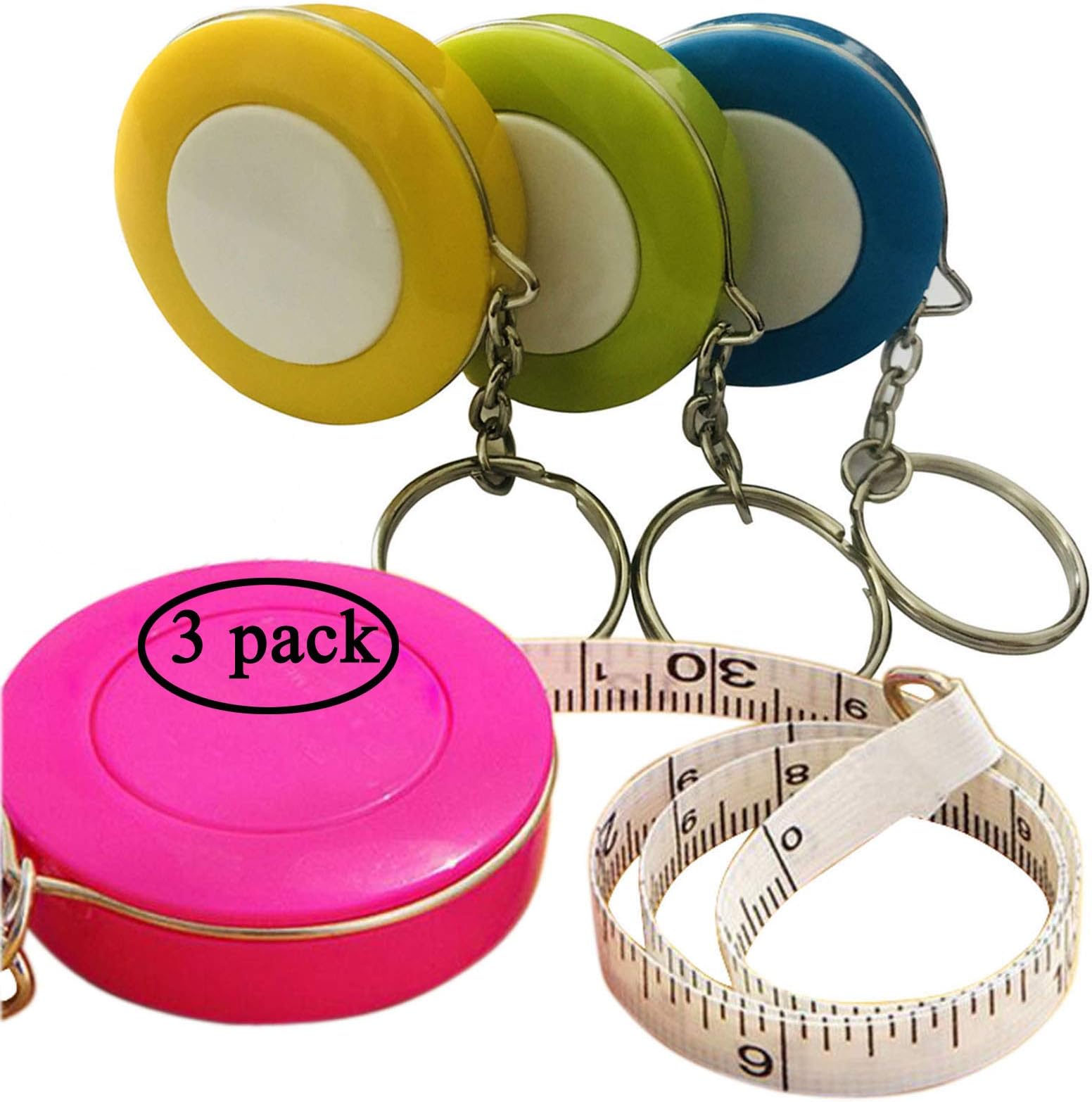 3 Pack Retractable Tape Measure Double-Scale 60-Inch/150cm Double Sided Pocket Soft Cloth Measuring Tape Weight Loss Medical Body Measurement Sewing Tailor Craft Vinyl Ruler with Keychain