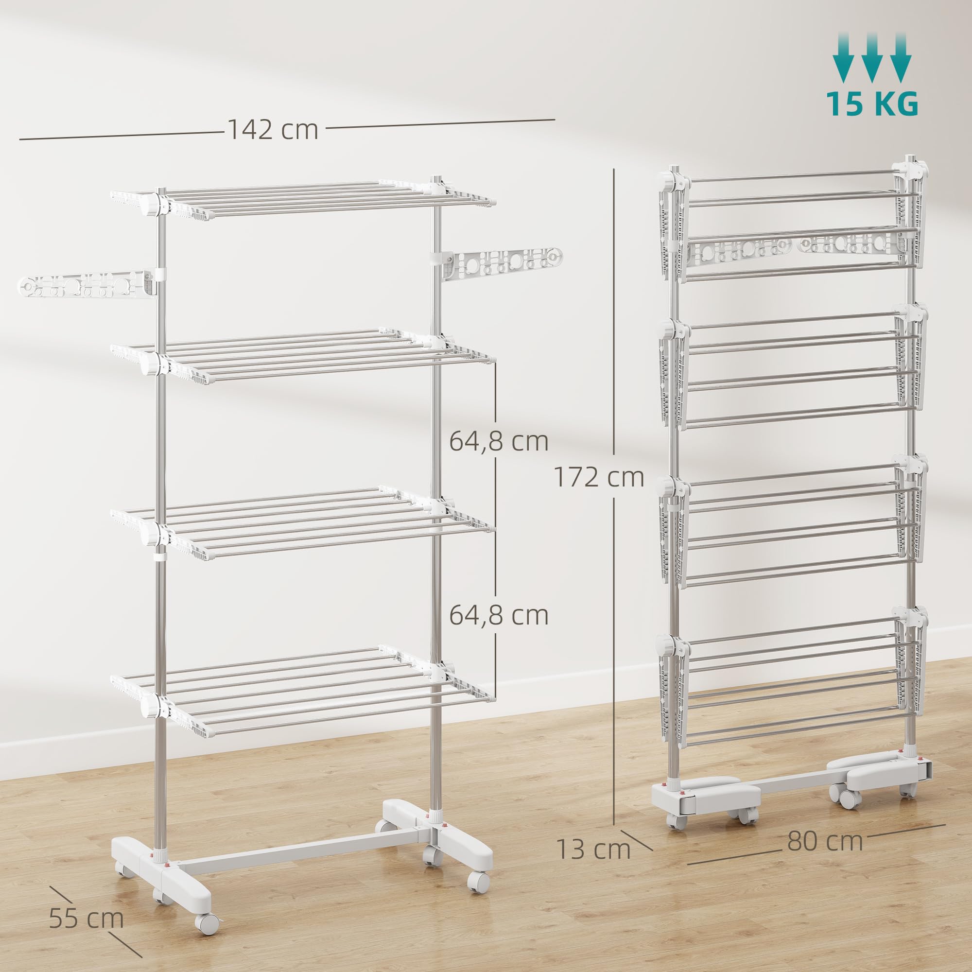HOMCOM Wäscheständer Turm Standtrockner mit 4 Ebenen, klappbare Flügel, Rollen, Turmwäscheständer für Innen und Außen, 142 x 55 x 172 cm, Weiß