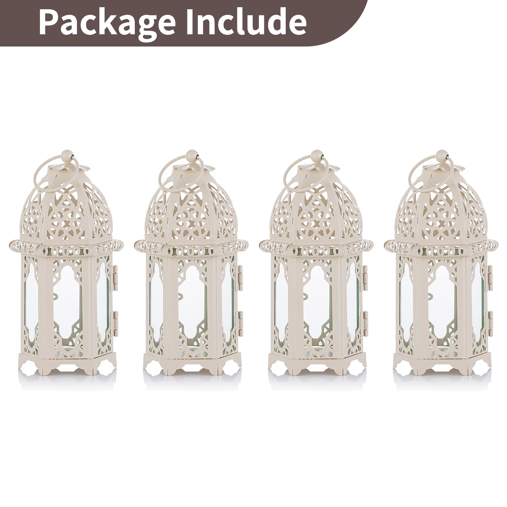 Nuptio Linterna de Vela Estilo Marroquí de 4 Piezas - Portavelas de Tealight de Tamaño Pequeño con Paneles de Vidrio Transparente Ideal para Patios, Interiores/Exteriores, Fiestas y Bodas, Blanco