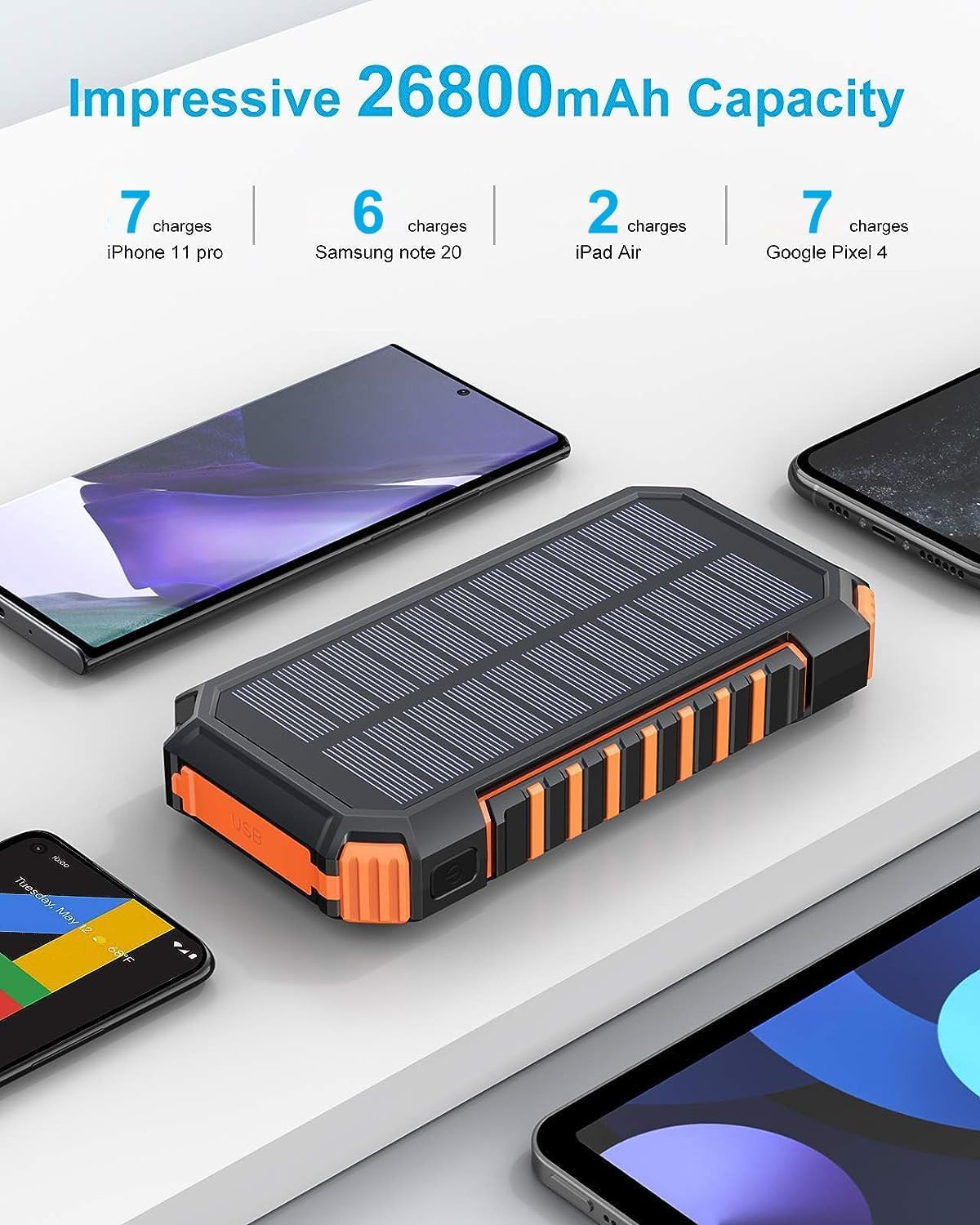 Power Bank Solaire 27000mAh | Charge Rapide USB-C 15W | 4 Panneaux Solaires | Étanche IP67, Lampe Torche