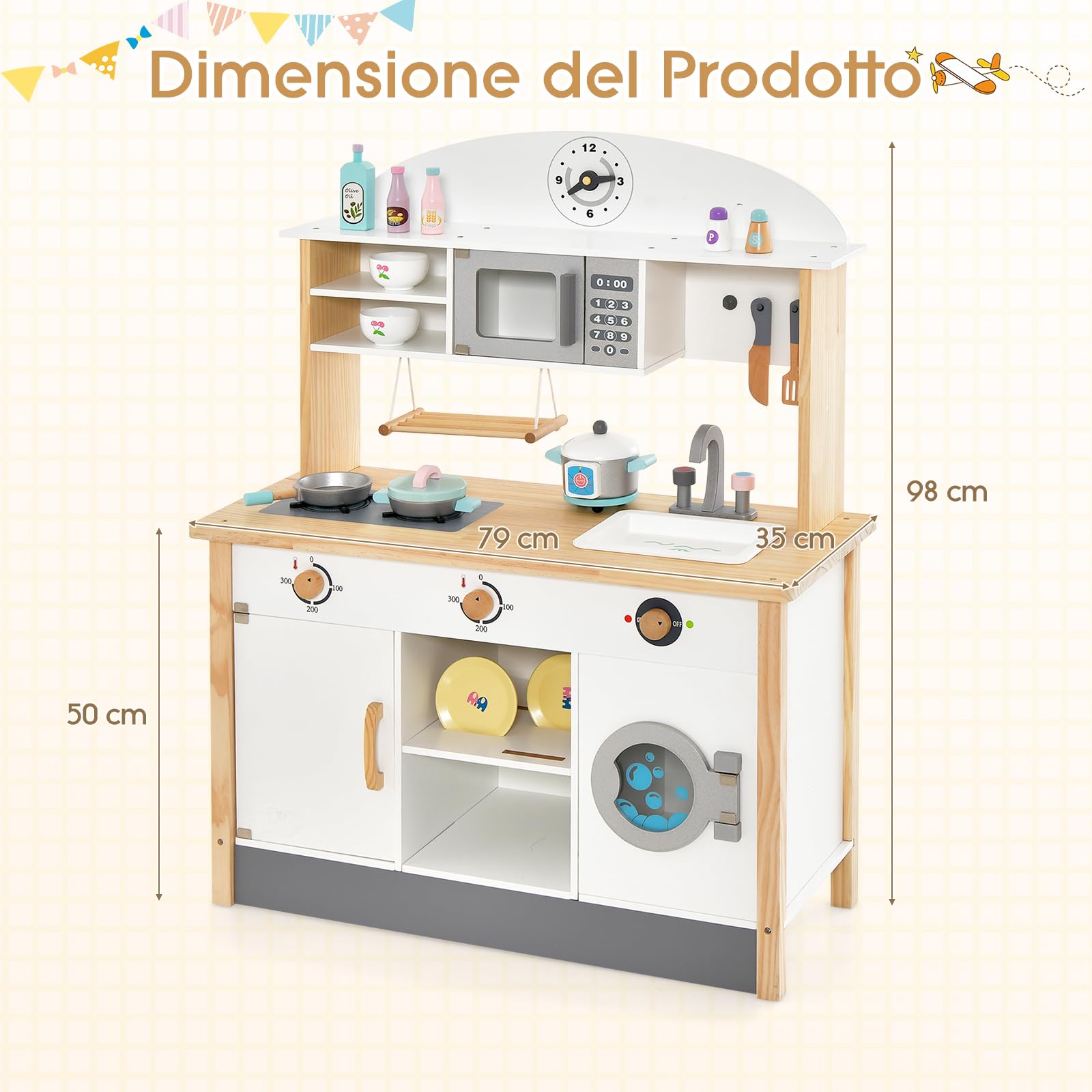 COSTWAY Cucina Giocattolo per Bambini in Legno, Set da Cucina per Bambini con Forno a Microonde, Accessori Vari per Cucinare, per Bambini 3 Anni +, TM-70, Bianco