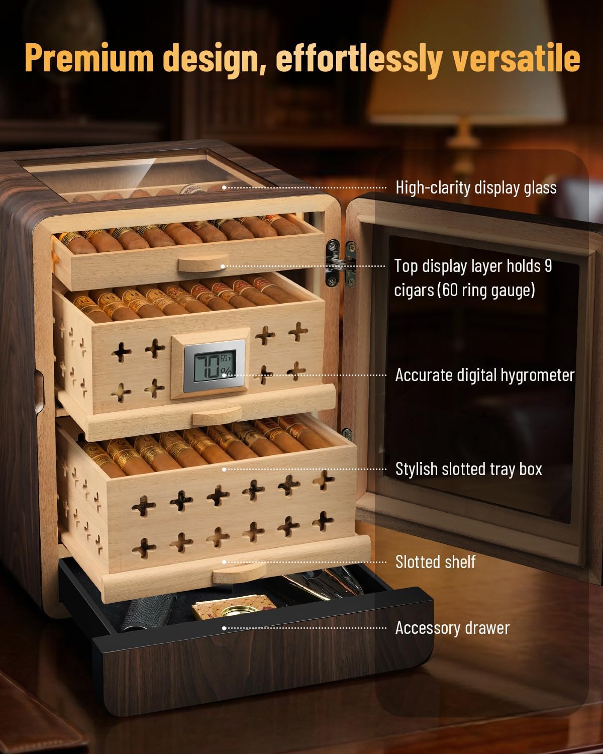 Flauno Cigar Humidor Cabinet with Dual-Fan Air Circulation System, 80+ Capacity, Thicker Spanish Cedar, Accurate Digital Hygrometer, Adjustable LED Lighting, Accessory Drawer, Gift for Aficionado