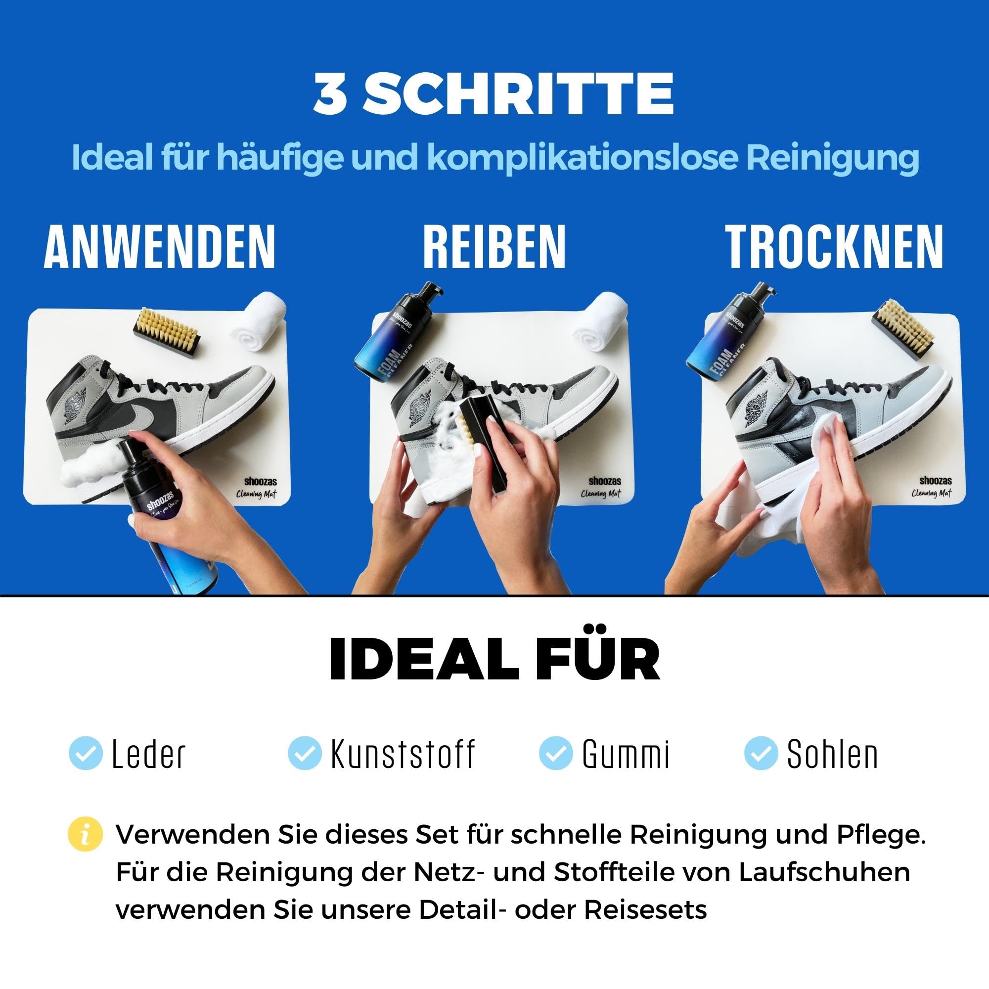 SHOOZAS - Kit zur Schuhreinigung - Schaumreiniger, Wasserdichte Matte, Bürste und Mikrofasertuch - Ideal für Leder, Gummi, Kunststoff und Sohlen - Ohne Wasser, Schnelltrocknend