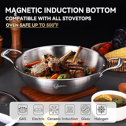 Miniatura 3 de Sartén wok de acero inoxidable de tres capas de 10 pulgadas con tapa, sartén profunda de 2.8 cuartos de galón, olla jumbo, sartén de inducción, apta