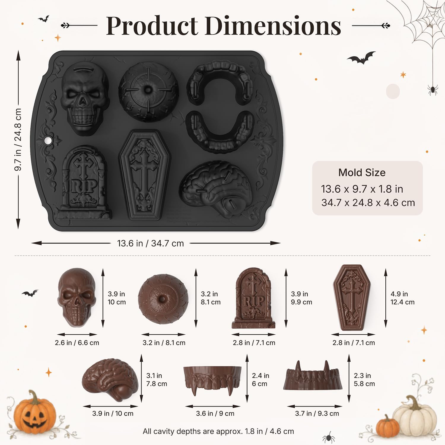 Halloween Extra Large 3D Skull Silicone Mold, 6 Cavities 3 Unique Skeleton Shapes Baking Pan, Non-Stick Food Grade Tray for Cake, Chocolate, Jelly, Ice Cube, Soap, Oven Freezer Microwave Safe image 2