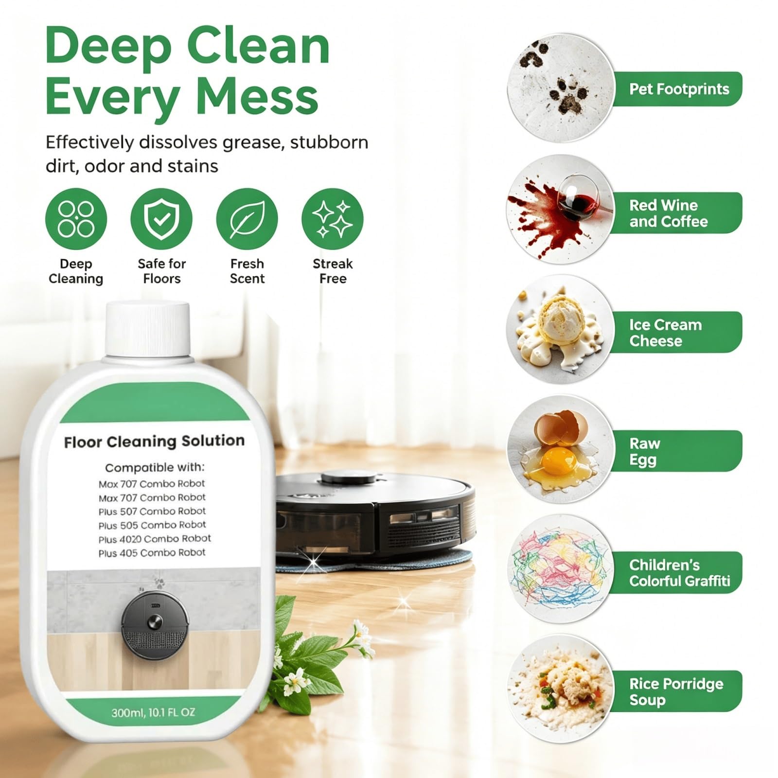 Líquido Limpiador Concentrado for Pisos, 300ml X 4, Fragancia Fresca, Baja Espuma Sin Residuos, Compatible con Roomba Max 707/705/Plus 405/505/507 Combo Robot