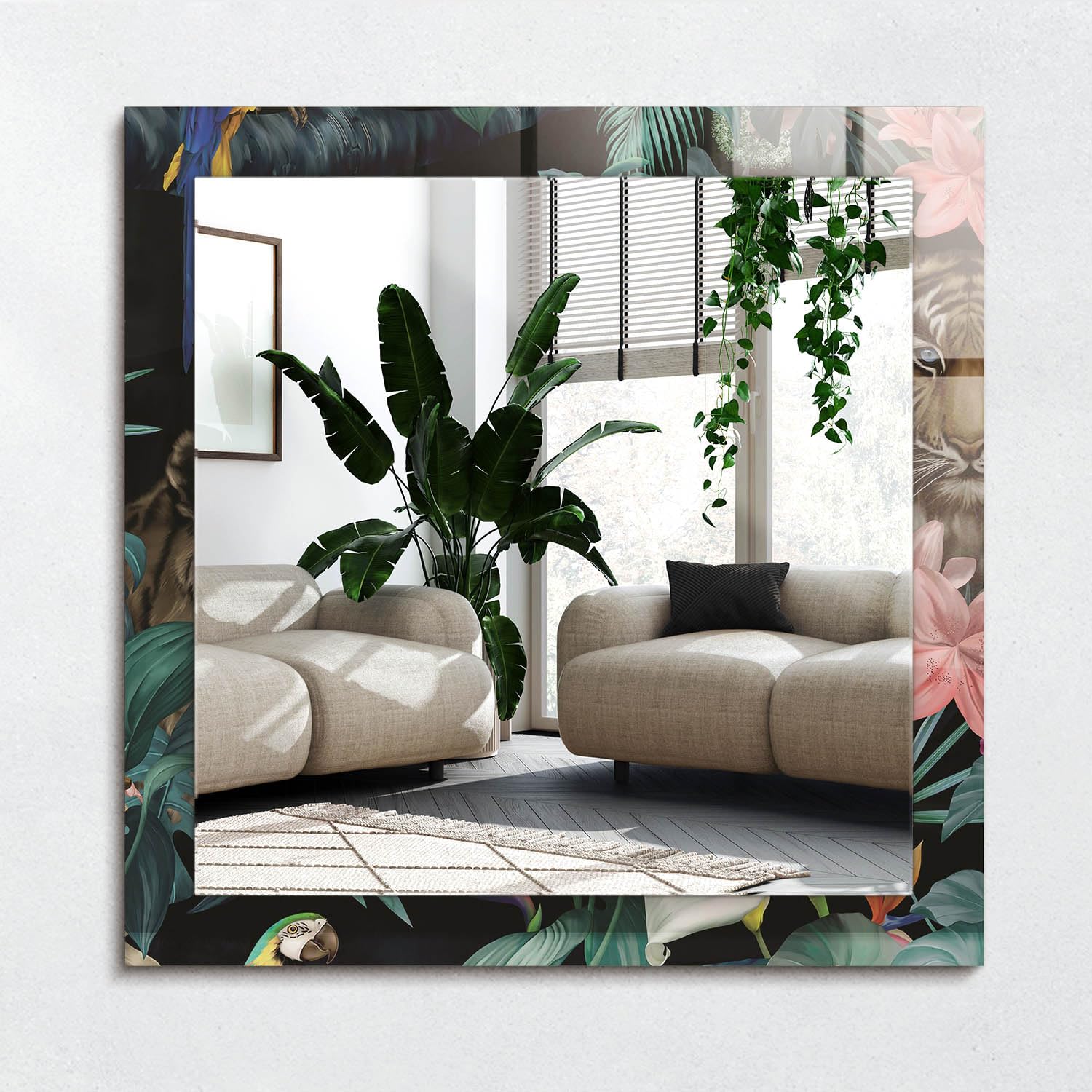 Miroir carré moderne 60x60 cm imprimé jungle sans cadre aux finitions soignées
