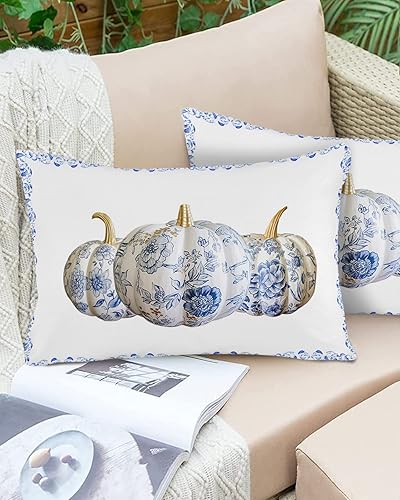 Miniatura 6 de Chinoiserie - Juego de 2 fundas de almohada de porcelana impermeables para sofá, fundas de almohada decorativas de cosecha de otoño de 20 x 12