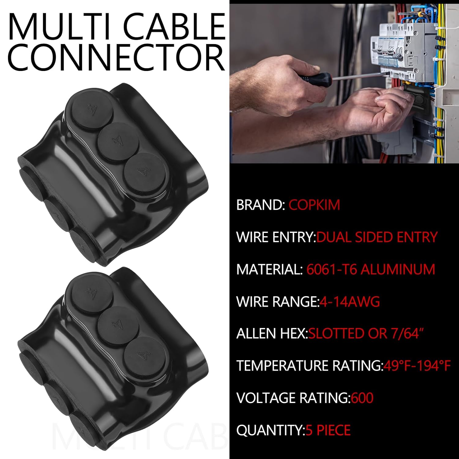 5 Pack 3 Port Insulated Wire Connectors Black Multi Aluminum Inline Splice Tap Connector Pre-Filled Oxide Inhibitor Dual Sided Entry for Residential Wiring Applications, Ul Listed (4-14 AWG)