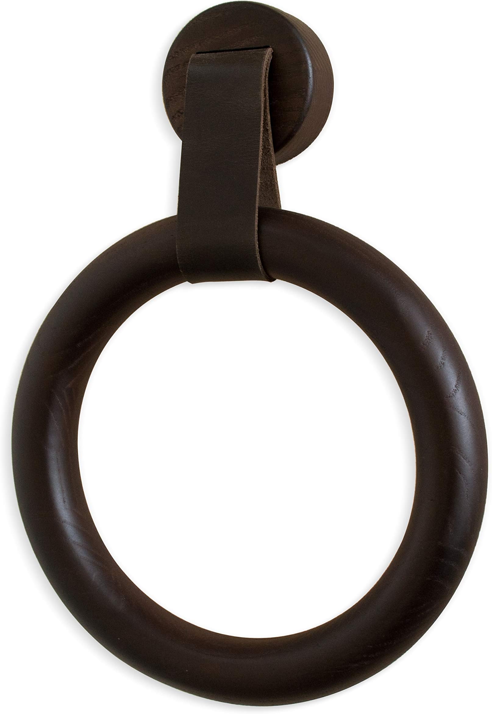 TESLYAR Towel Ring Wall Mount Hand Towel Ring Heavy Duty Solid Ash Wood Genuine Leather Towel Holder for Bathroom Towel Racks Kitchen Rings with Wall Mounted Hardware Scarf Shawl Rack Black