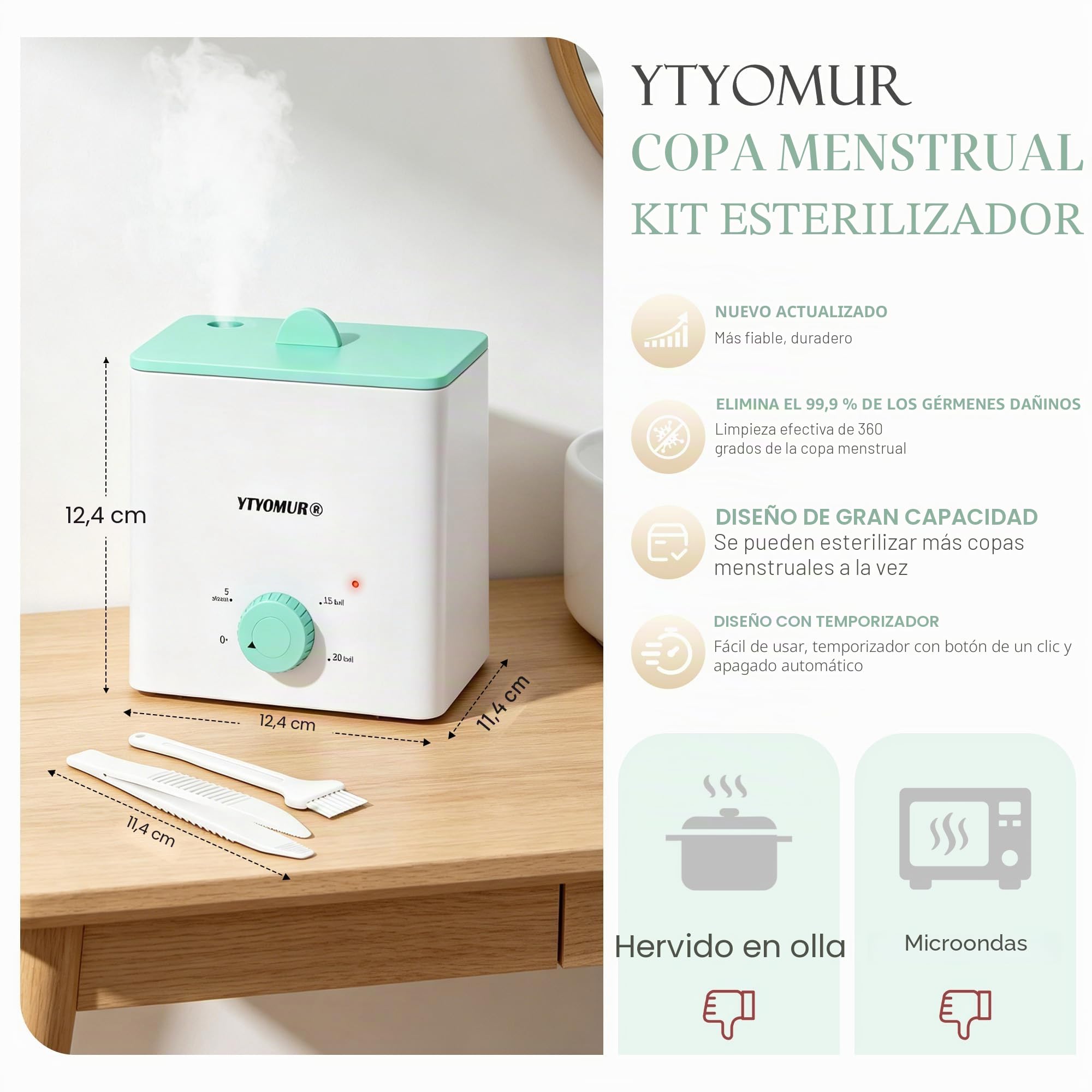 Esterilizador de copas menstruales con 2 copas menstruales reutilizables, kit de limpieza y lavado de copas menstruales, esterilización a vapor a alta temperatura con apagado automático para mujeres