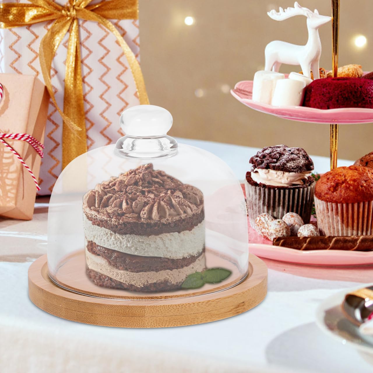 DOITOOL 1 Juego de cúpula de Vidrio con Base de Madera Mini Soporte para Tartas de Vidrio cúpula Cloche Cubierta de Transparente para Postre Queso, Dulces y Plantas suculentas