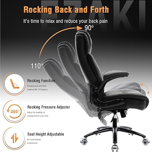 Miniatura 7 de Silla de oficina grande con respaldo alto, soporte lumbar ajustable, brazos abatibles, ruedas silenciosas resistentes, base de metal, cuero