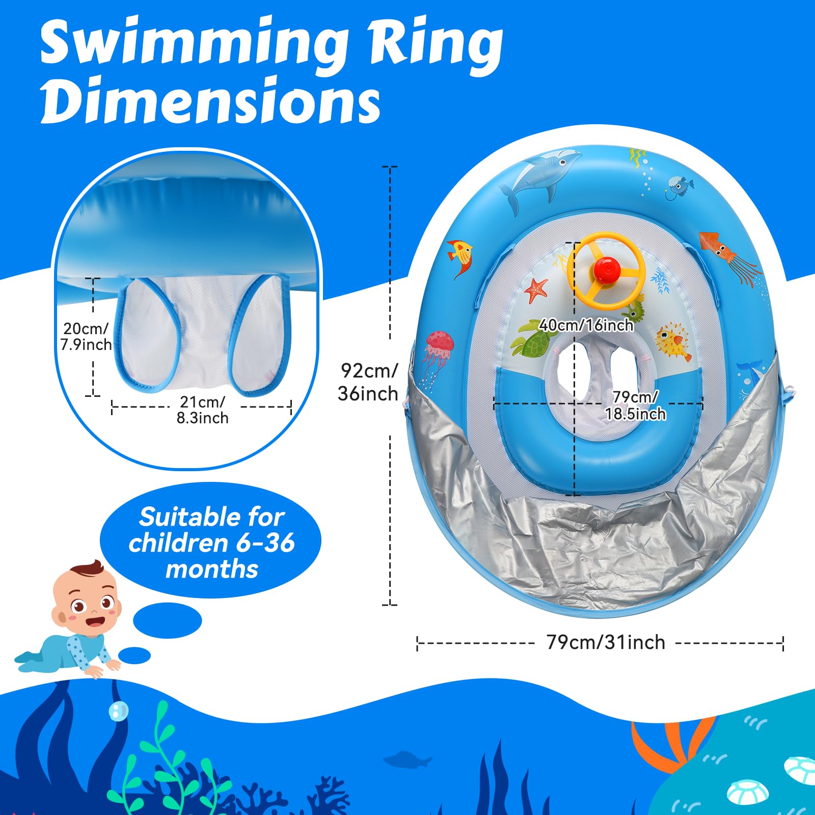Schwimmring Baby (6-36 Monate, Max. 20 kg) – Doppelkreis-Design mit UPF50+ Sonnendach & Spielzeug-Hupe – Verstellbarer Sicherheitssitz, doppelte Luftkammern – Ideale Schwimmhilfe für Kleinkinder