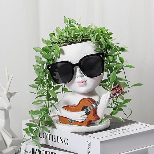 Miniatura 7 de Macetas de cara para plantas de interior y exterior, linda dama toca la guitarra, maceta suculenta con agujero de drenaje macetas de cara (blanco)