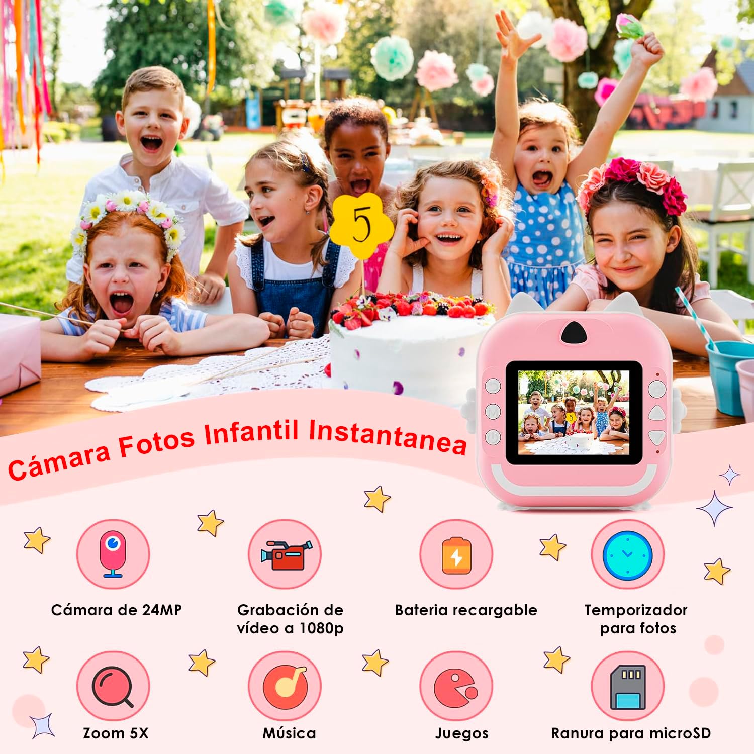 Cámara de Fotos Infantil, Cámara de Fotos Instantánea, Camara de Fotos Instantaneas Con 11 Rollos de Papel, Camara Fotos Instantaneas, Cámara Instantánea Para Niños, Camara Instanea Recargable