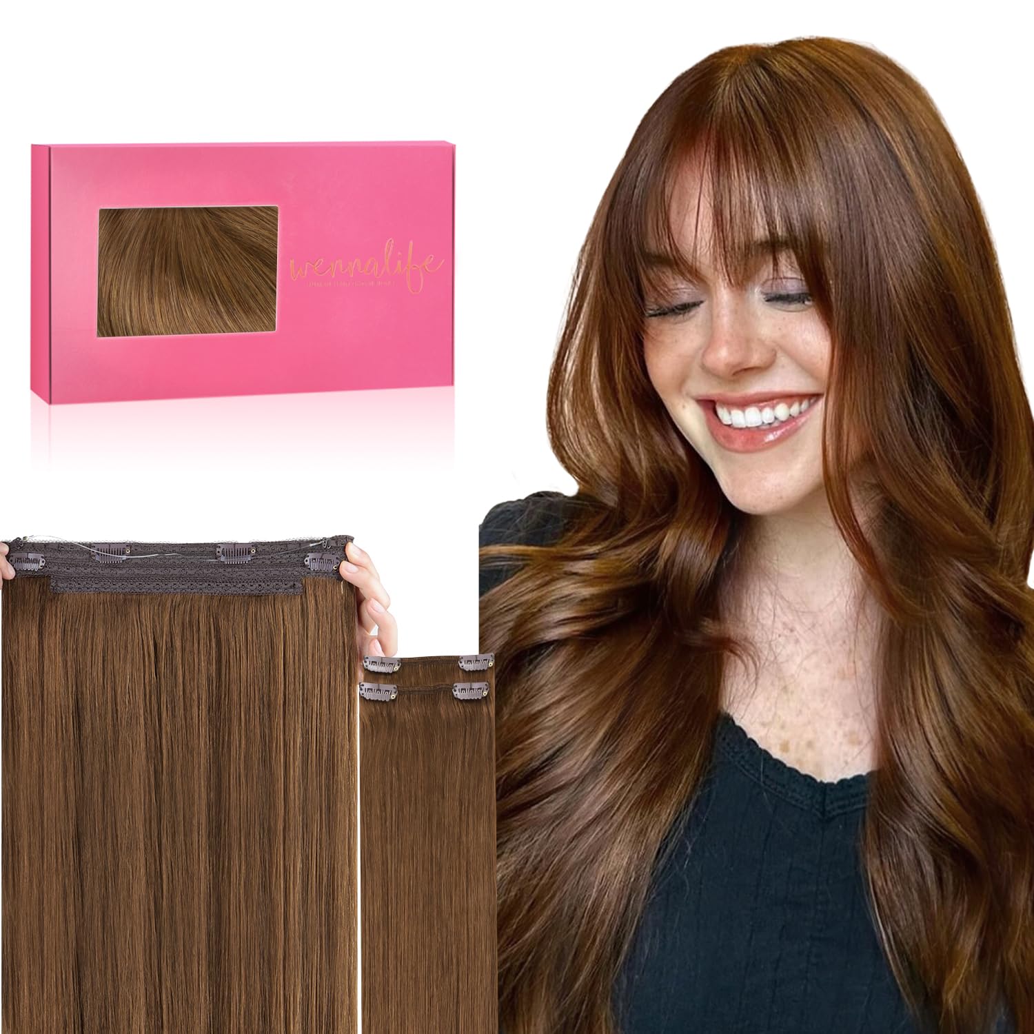 WENNALIFE Wire Hair Extensions (Increase 50% Lifespan) Real Human Hair 14 inch 75g Balayage Dark Brown to Chestnut Remy Invisible Transparent Fish Line — view 30