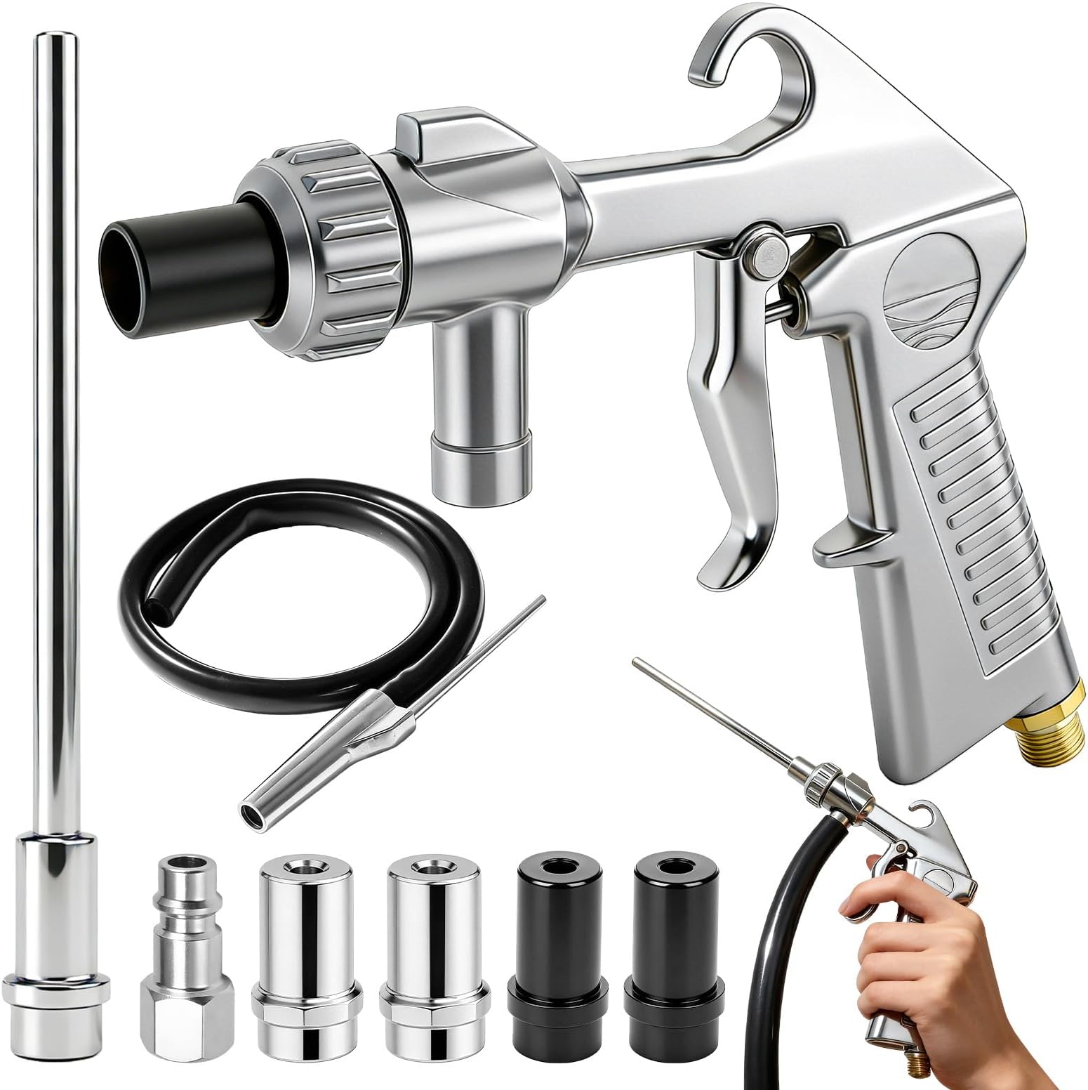 Sandblasting Gun Compressed Air Set with Long Sand Blasting Nozzle and Metal Nozzles of 5 mm/6 mm Calibre, Sand Blasting Gun Kit with Siphon Feed, 1 m Long Rubber Hose and Air Connection for