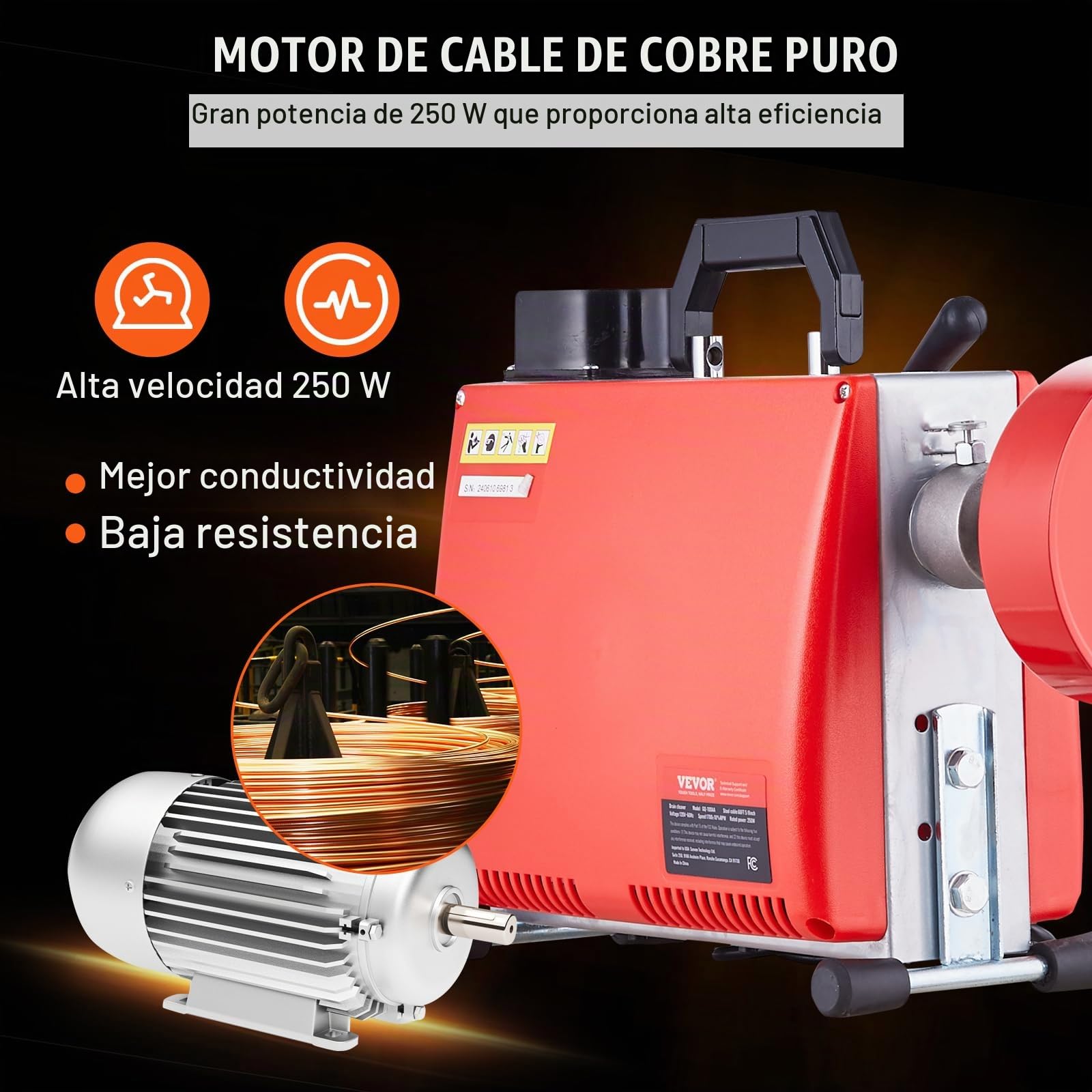 VEVOR XS250W 5/8IN 66FT Desbloqueador de Tuberías