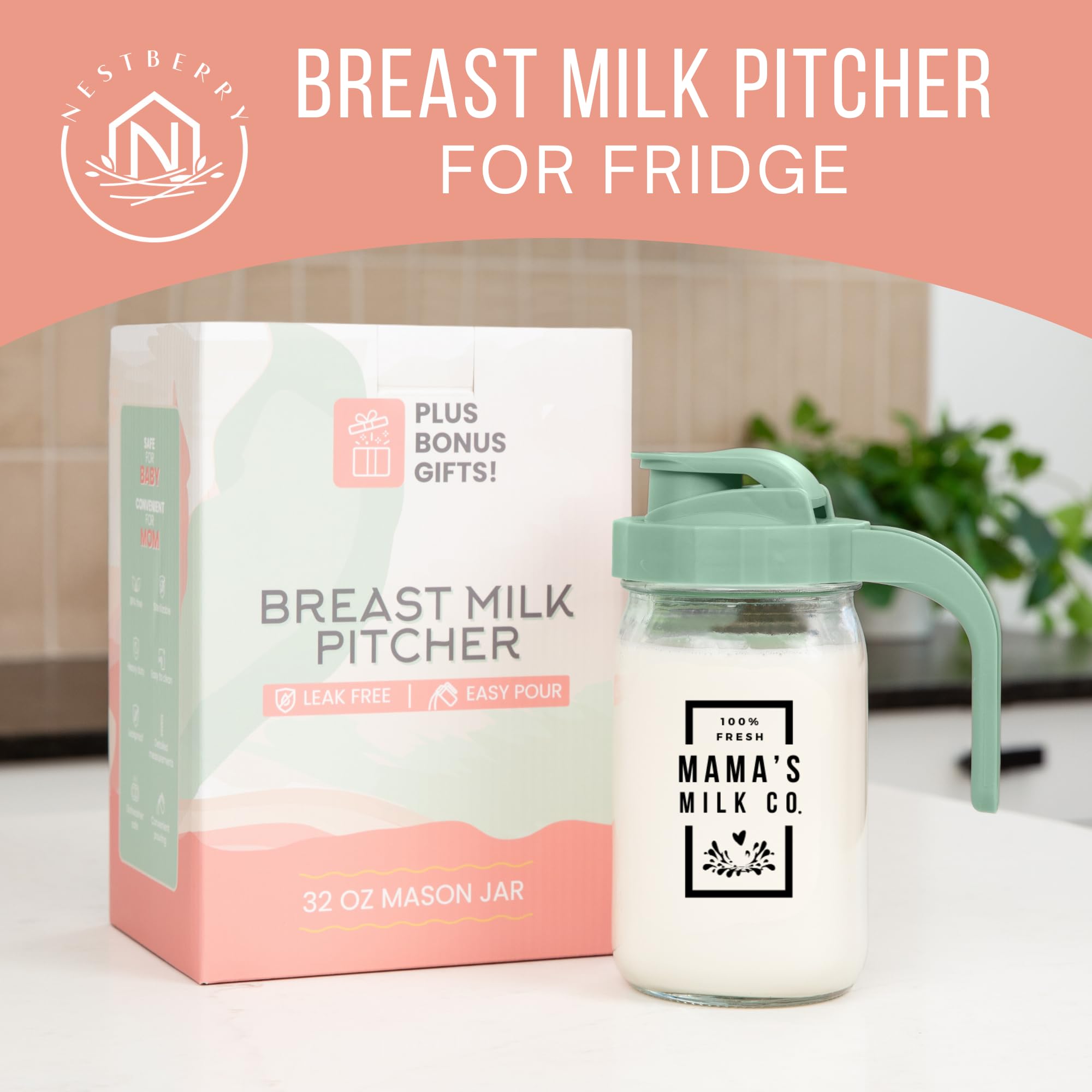 Milk Pitcher Breast With Leak Proof Pop Top Lid Easy Pour Mason