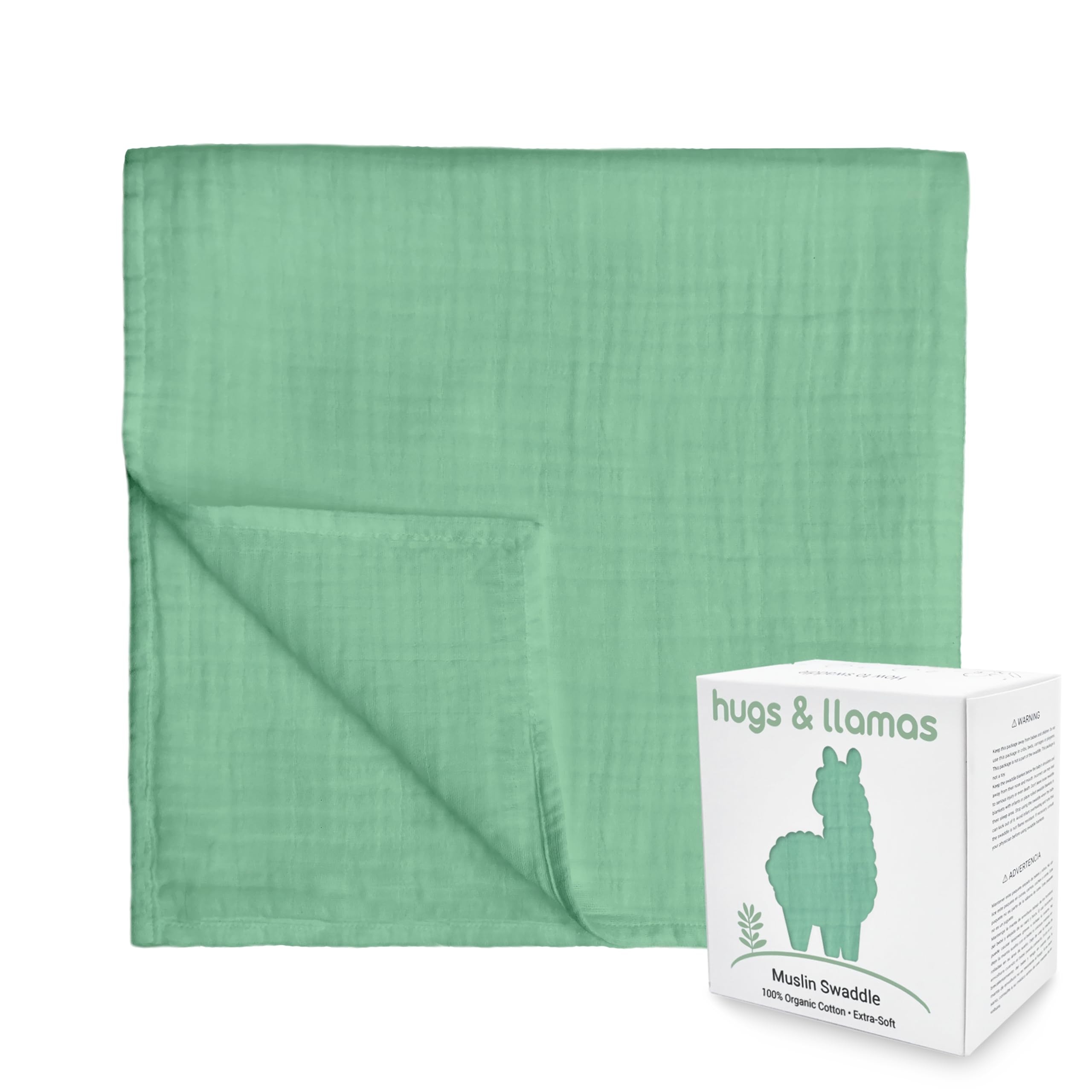 hugs &amp; llamas | 100% Organic Cotton Muslin Swaddle Blankets | Unisex Swaddle Blanket | Extra Soft | Swaddles for Newborns and Infants | Machine Washable | 47” x 47” (Minty Fresh)