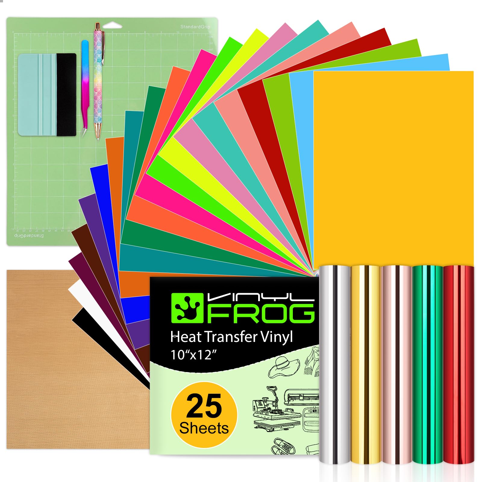 VINYL FROG 30PCS Heat Transfer Vinyl Bundle with Tools – 20 Sheets PU Iron on Vinyl + 5 Metallic HTV, 12"x12" HTV Starter Kit Scraper, Weeding Pen, Tweezers, Cutting Mat, Teflon for DIY T-Shirts