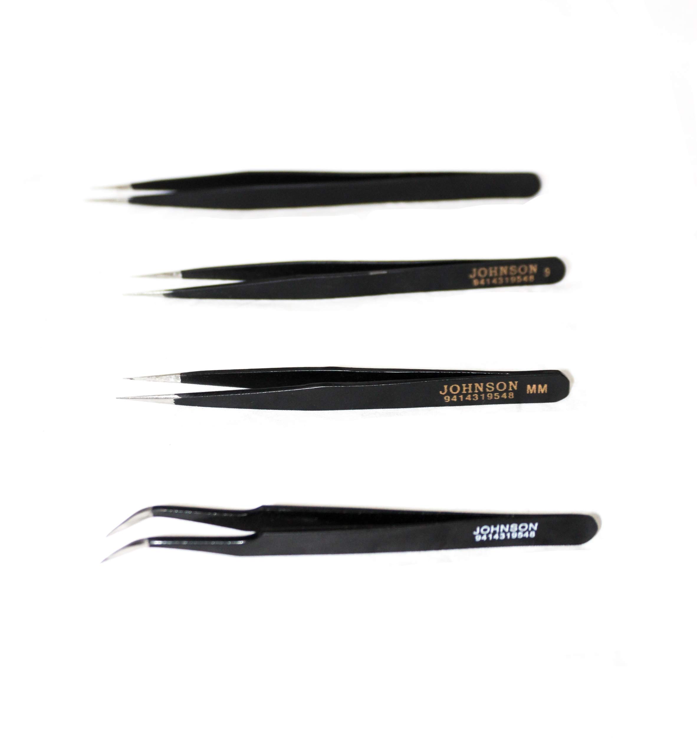 Set of Straight and Curved Tips Stainless Powder Coated Tweezers for Mobile,Gadget,Laptop and Jewelry Repair (Set of 4 Pieces)