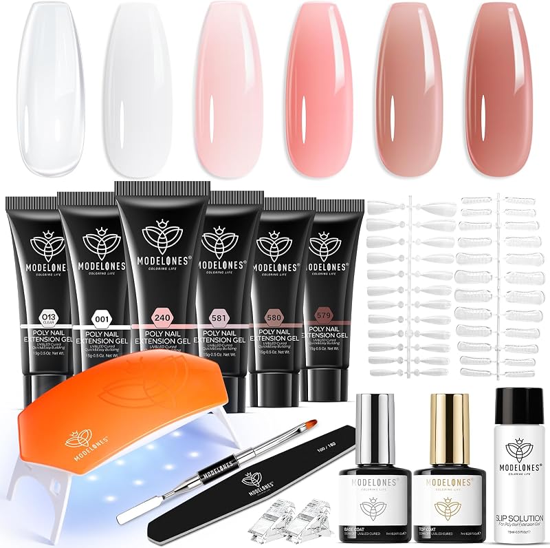 modelones Poly Nail Gel Kit 6 Colors with 8W Lamp Polygel Toenail Kit | Nail Extension Gel Kit Nude Clear Pink Natural for Beginner Thickening Solutions DIY at Home for Women