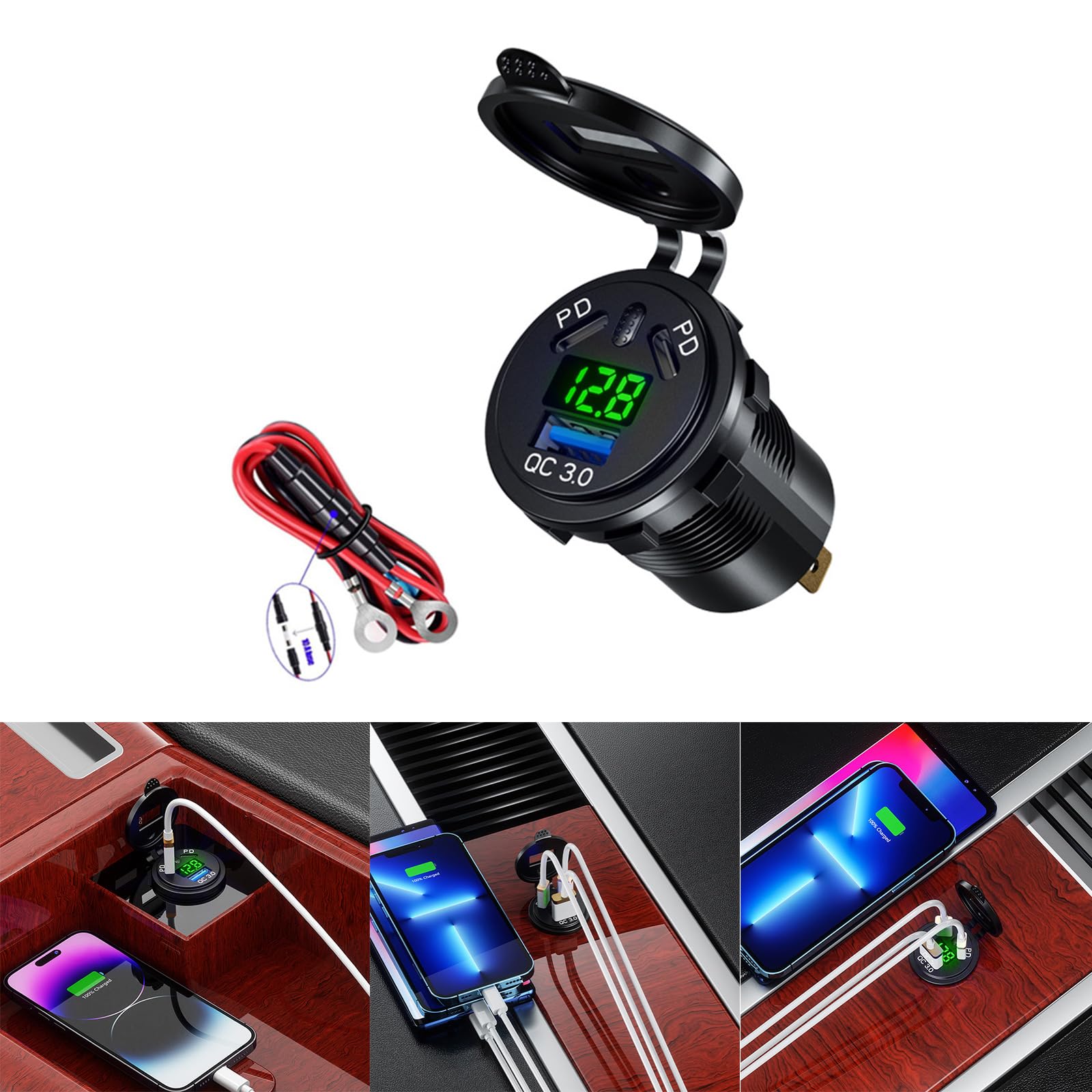 Adaptador de carga USB C para coche, 45 W, tipo C, 18 W, USB, enchufe USB rápido para coche, impermeable, con voltímetro digital LED Swi