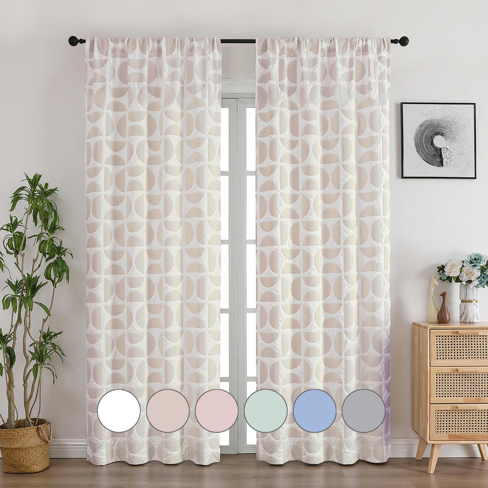 Aiyufeng White and Taupe Curtains 84 Inches Long 2 Panels Set, Soft Airy Lightweight 3D Embossed Textured Light Filtering Curtains for Bedroom Living Room, Dual Rod Pocket Semi Drapes, 38"Wx84"L Inch