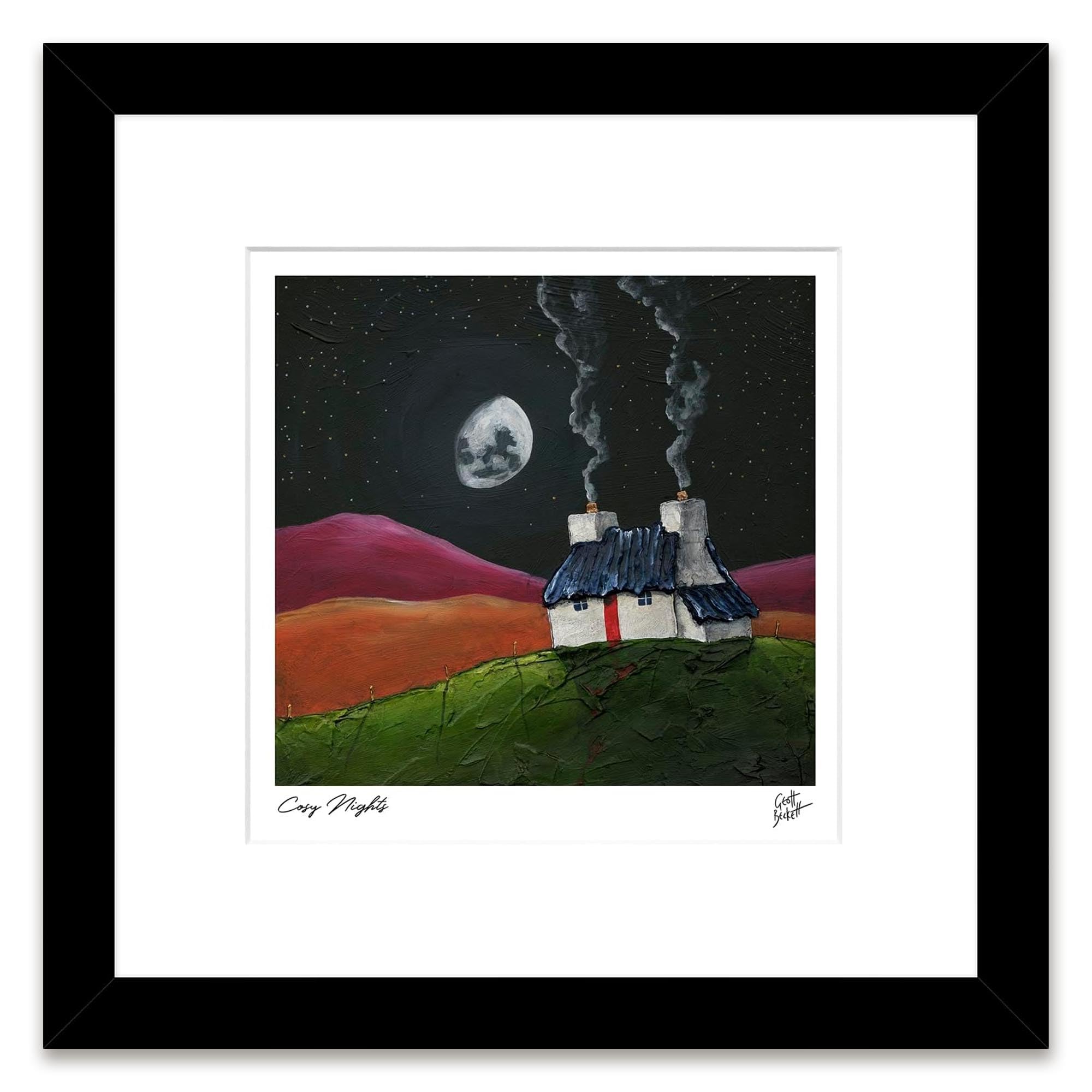 Artko Countryside Cottage Framed Print Wall Art - 'Cosy Night' by Geoff Beckett - Moonlit Landscape Picture - Ready to Hang Home Décor - 33.5cm x 33.5cm