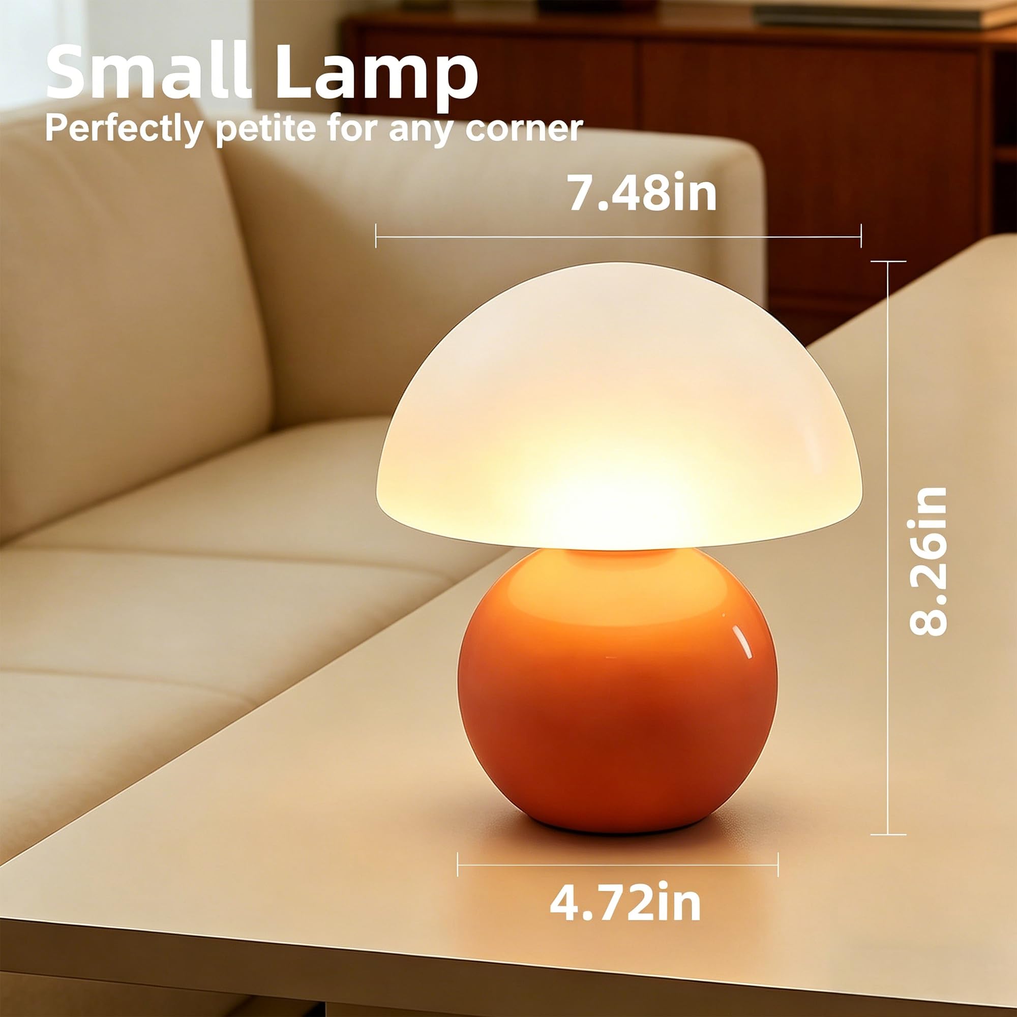 Led Dimmbar Tischleuchte Deko Wohnzimmer, Nachttischlampe Tischlampe, Schlafzimmer Tischlampen, Mushroom Bedside Table Lamp, Keramikbasis Glas Klein Nachtlampe (Orange)