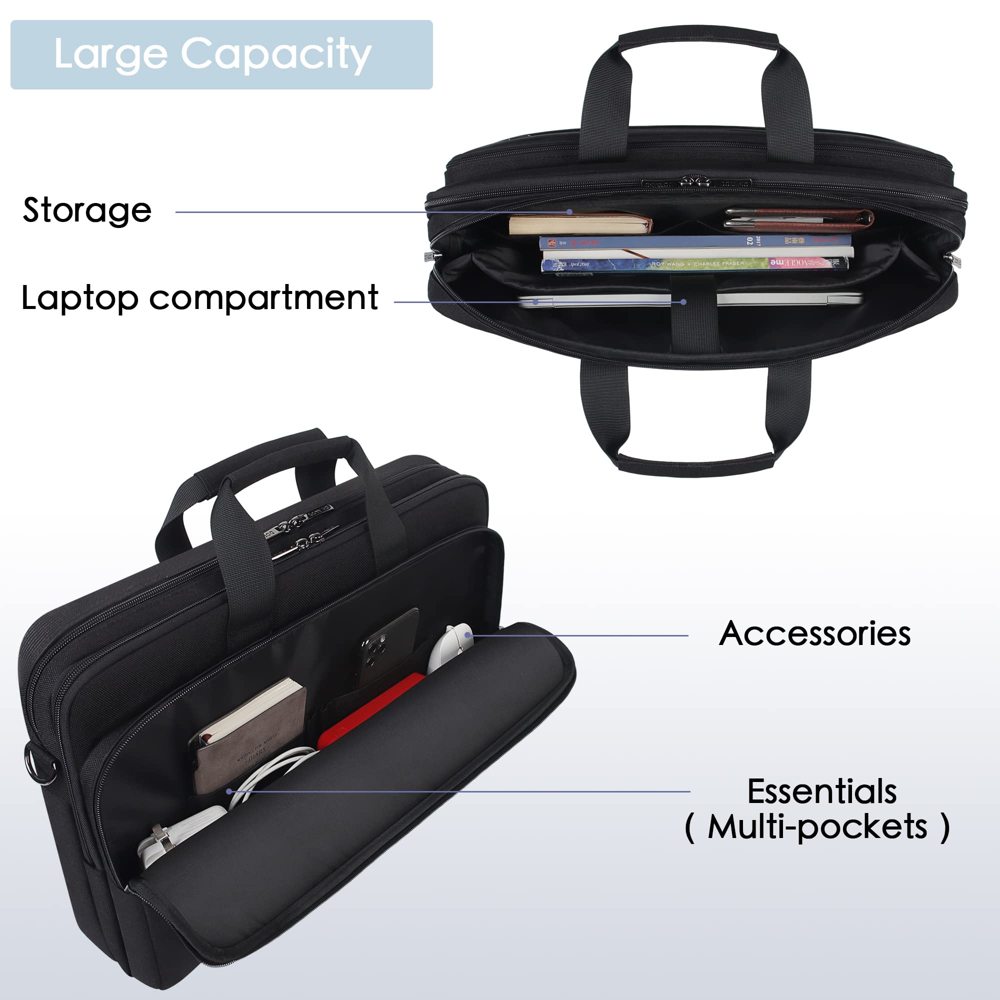 DOMISO Sac à bandoulière pour ordinateur portable 17,3" - Grande capacité - Noir
