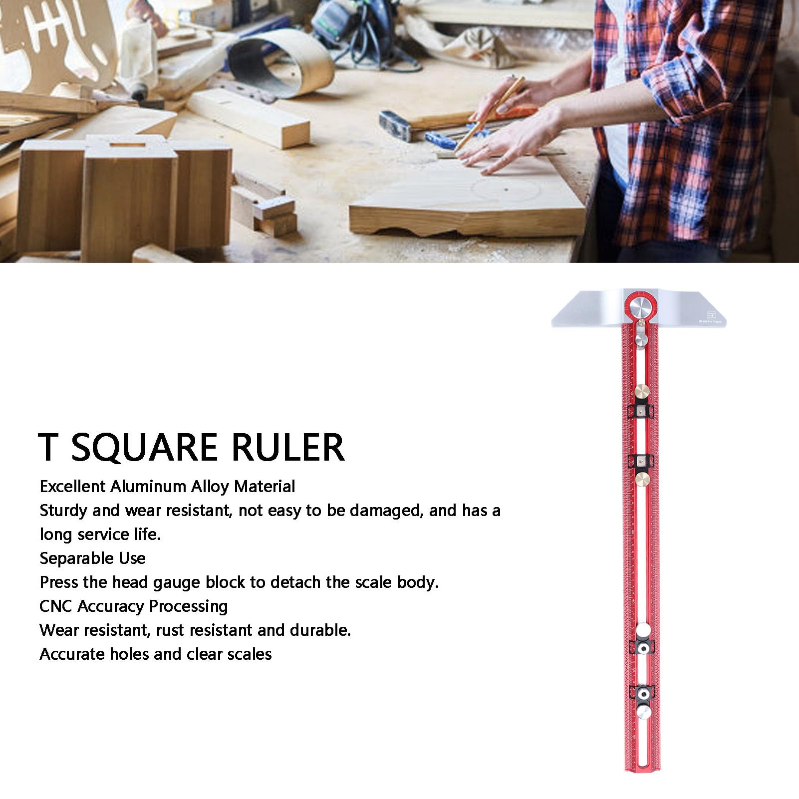 Professional Aluminum Alloy T-Square Ruler for Woodworking 45° Angle Scriber for Accurate Hole Drilling Marking & Layout - Image 2