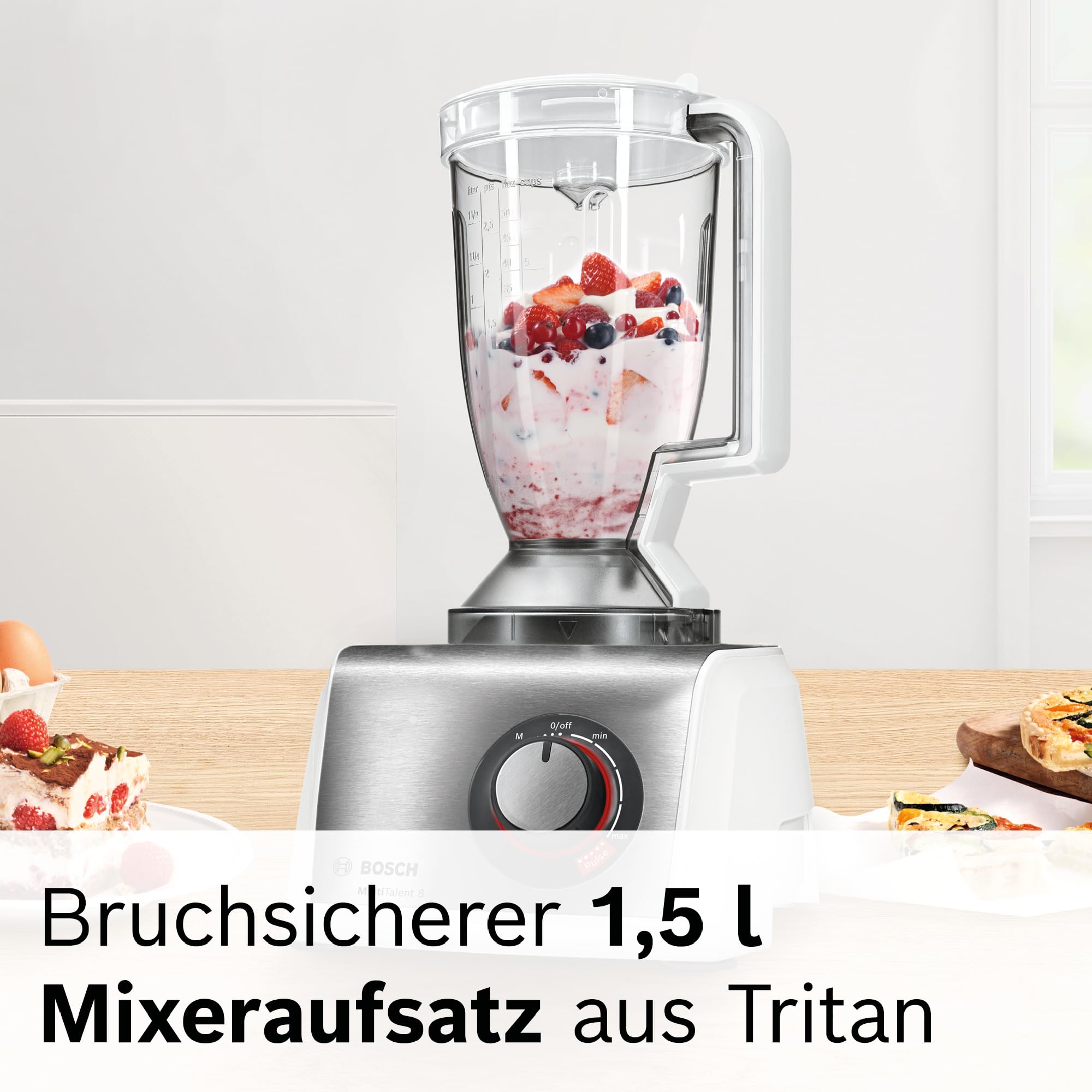Bosch Kompakt-Küchenmaschine MultiTalent 8, 45 Funktionen, XXL-Rührschüssel 3,9 L, Mixer 1,5 L, Universalmesser, Rührbesen, schneiden und raspeln (fein,grob), 1250 W, weiß/edelstahl, MC812S814