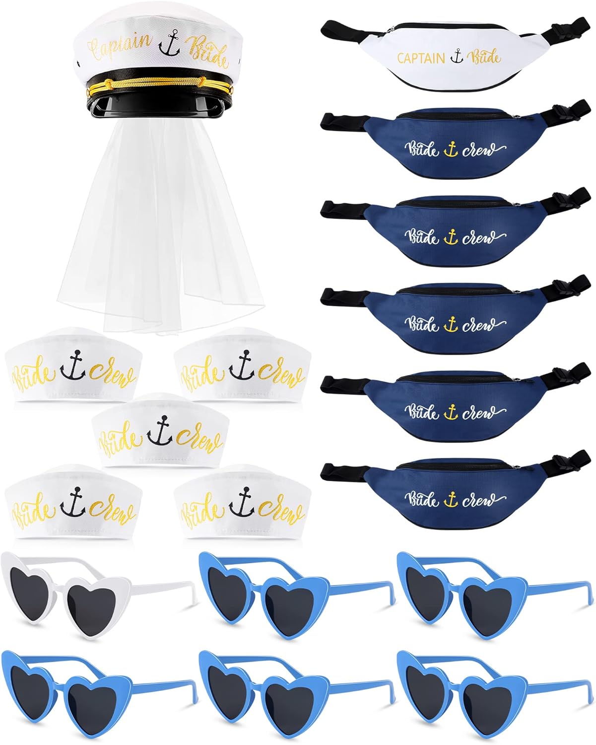 Xuhal 6 Sets Bride Captain Hat Party Favor Nautical Bridal Shower Hat Set with Veil Crew Sailor Fanny Pack Heart Sunglasses Nautical Hats for Boat Party Supplies