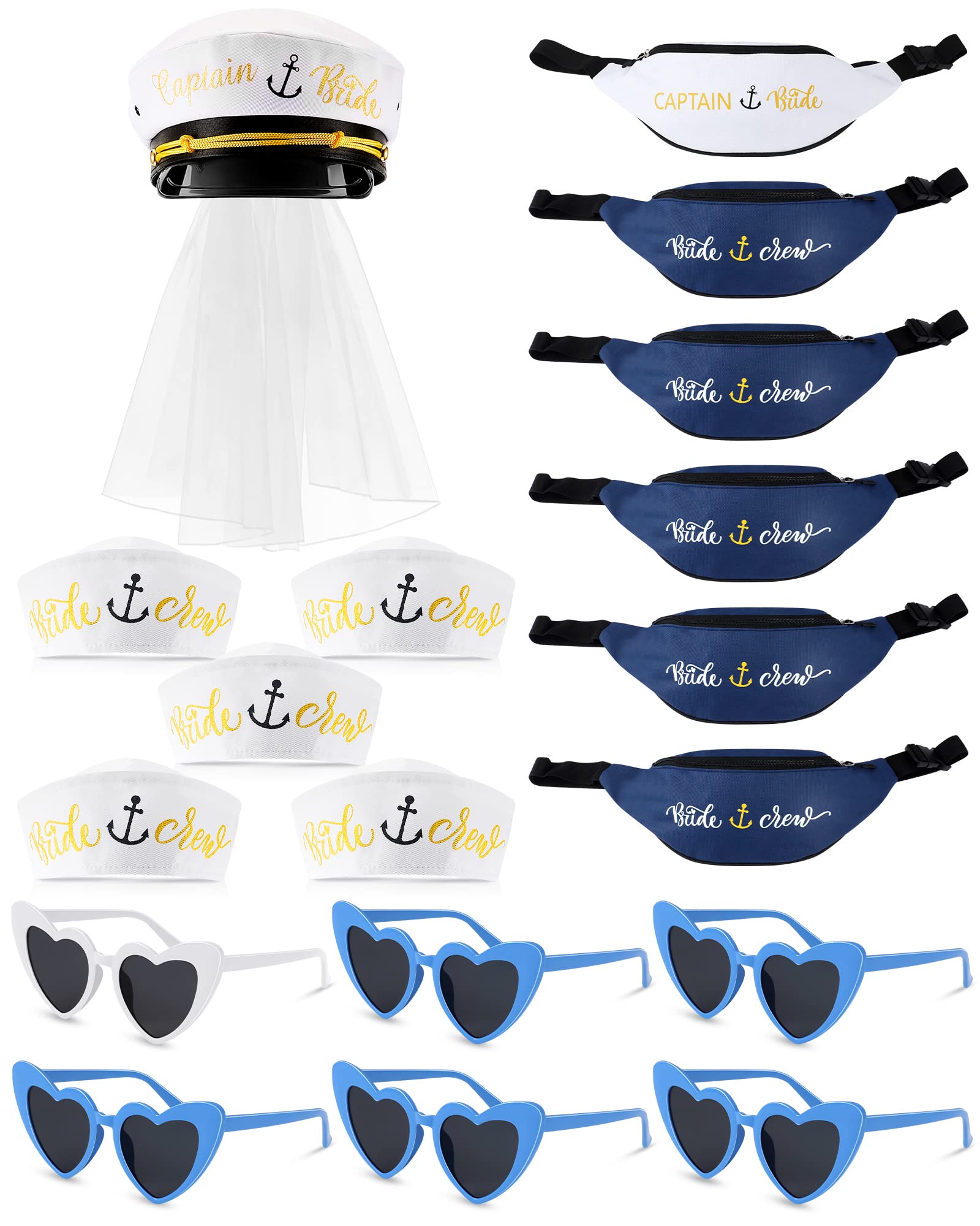 Xuhal 6 Sets Bride Captain Hat Bachelorette Party Favor Nautical Bridal Shower Hat Set with Veil Crew Sailor Fanny Pack Heart Sunglasses Nautical Hats for Boat Bachelorette Party Supplies