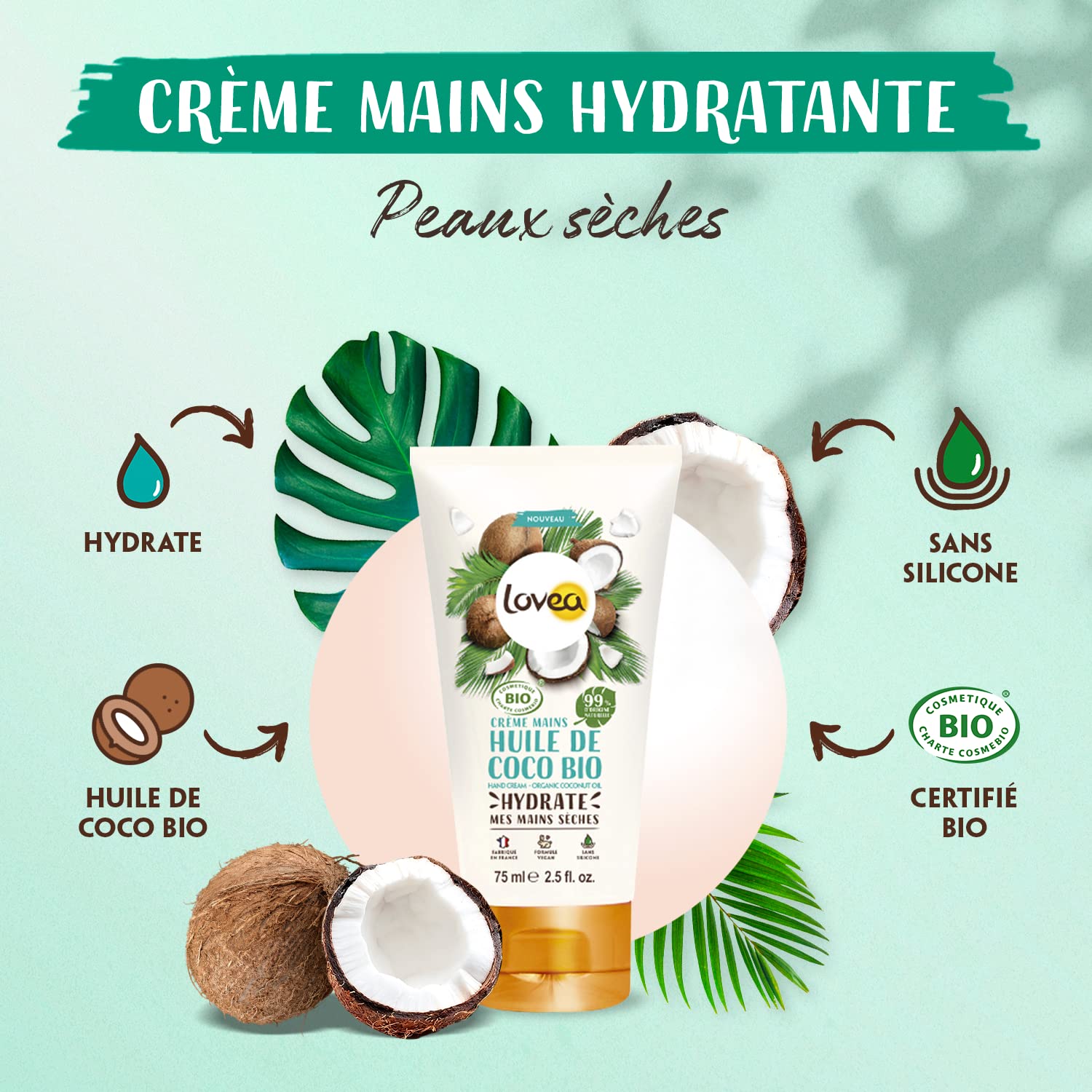 LOVEA - Crème Pour Les Mains - Huile De Coco Bio - Hydrate, Lisse & Adoucit - Pour Peaux Sèches - 99% D'Origine Naturelle - Sans Silicone - Vegan - Certifié BIO - Fabriqué En France - 75 ml