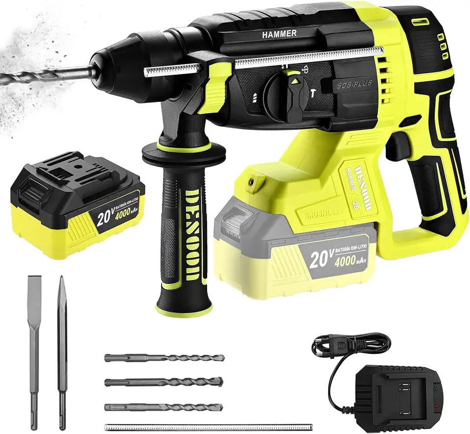 DESOON Martelete Perfurador Rompedor 20V Motor Brushless Sem Fio Profissional 3 Funções 3.0J SDS-Plus com Maleta Bateria E Carregador