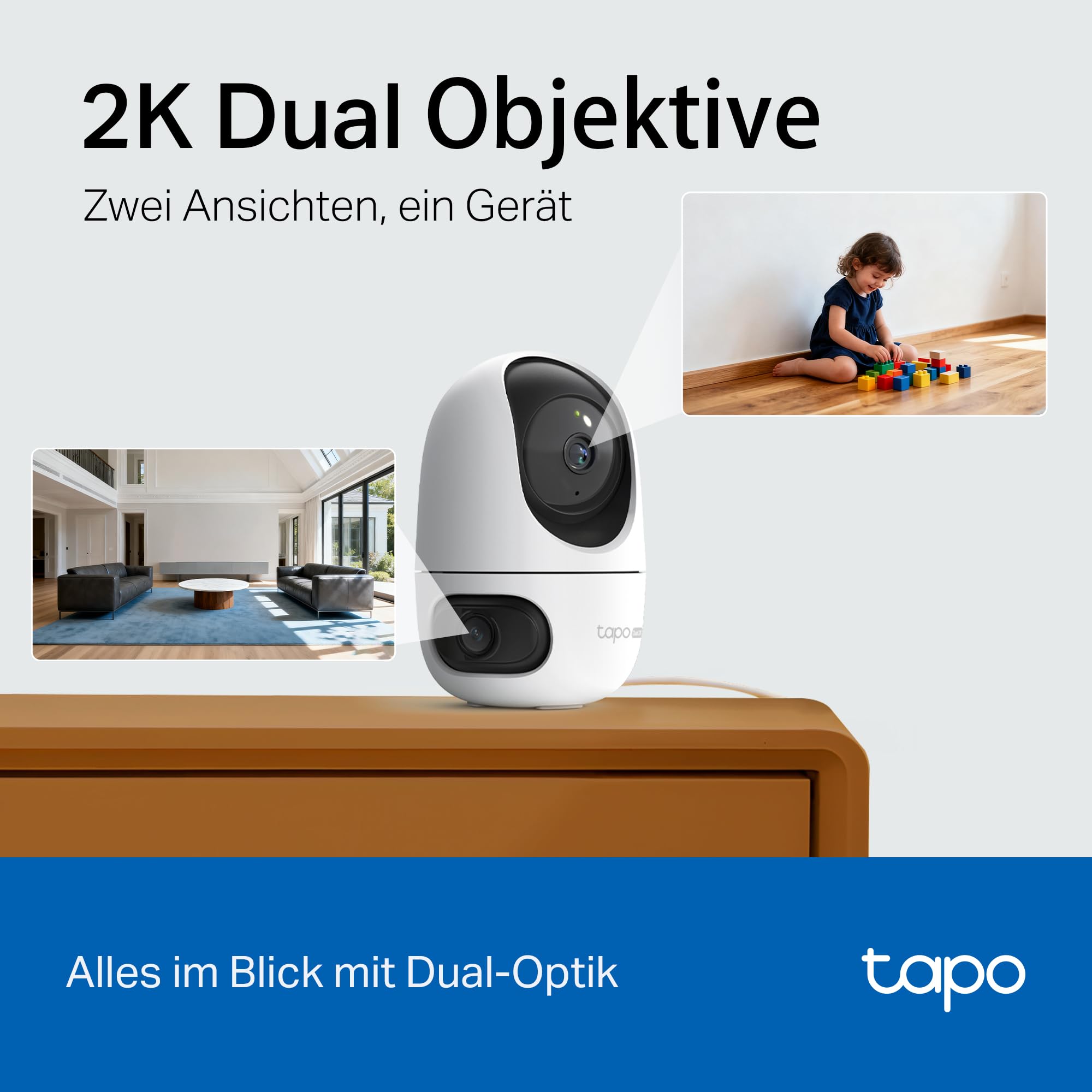 Tapo C245D Dual Kamera Überwachung Innen, 2K Weitwinkel- & Teleobjektiv, 2 Bereiche gleichzeitig überwachen, KI-Erkennung ohne ABO, IR-Nachtsicht, lokale Speicher mit Micro-SD oder H500 CentralHub