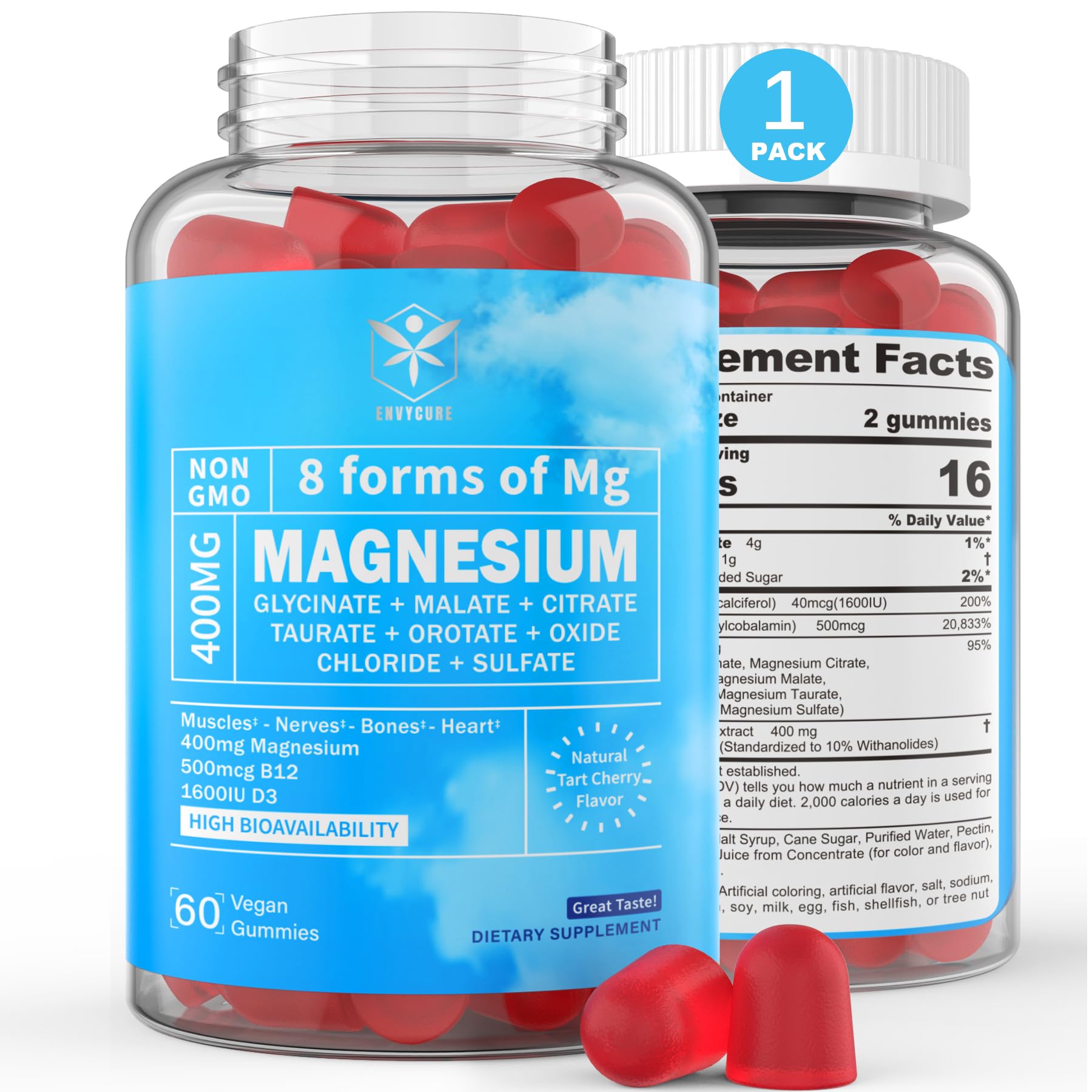 Magnesium Gummies 400mg | as 8 Forms of Magnesium Glycinate, Malate, Citrate, Taurate, Oxide, and More | with Ashwagandha Extract, D3 & B12 Supports for Calm, Zzz, Mood, Muscle Cramp - Vegan 60 Cts