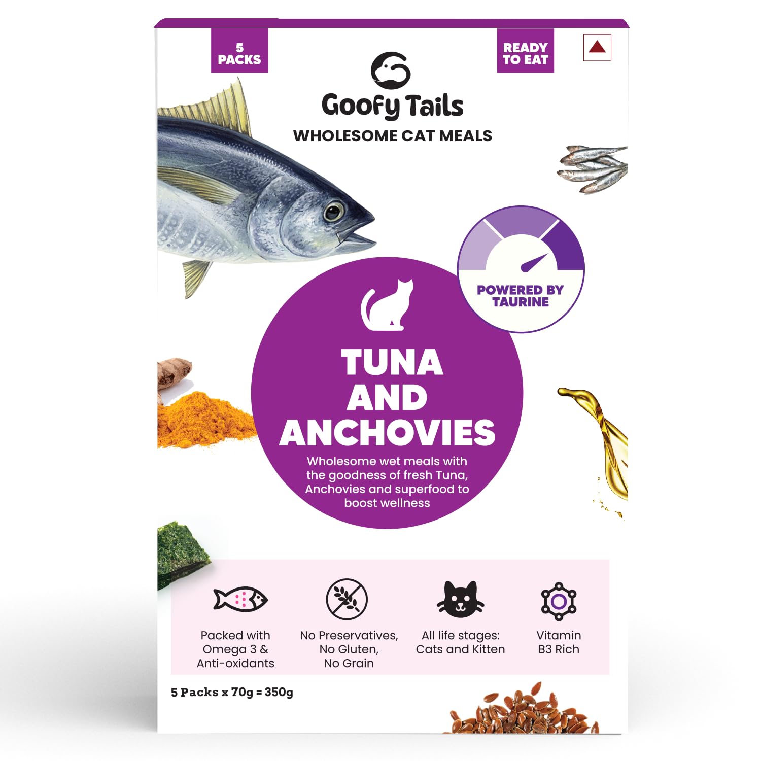 Goofy Tails Tuna and Anchovies Wet Cat Food and Kitten Food, 350g (70g X 5 Pouches), Preservative Free, Gluten & Grain Free, Balanced Cat Wet Food, Powered by Taurine with Omega 3 & Antioxidants