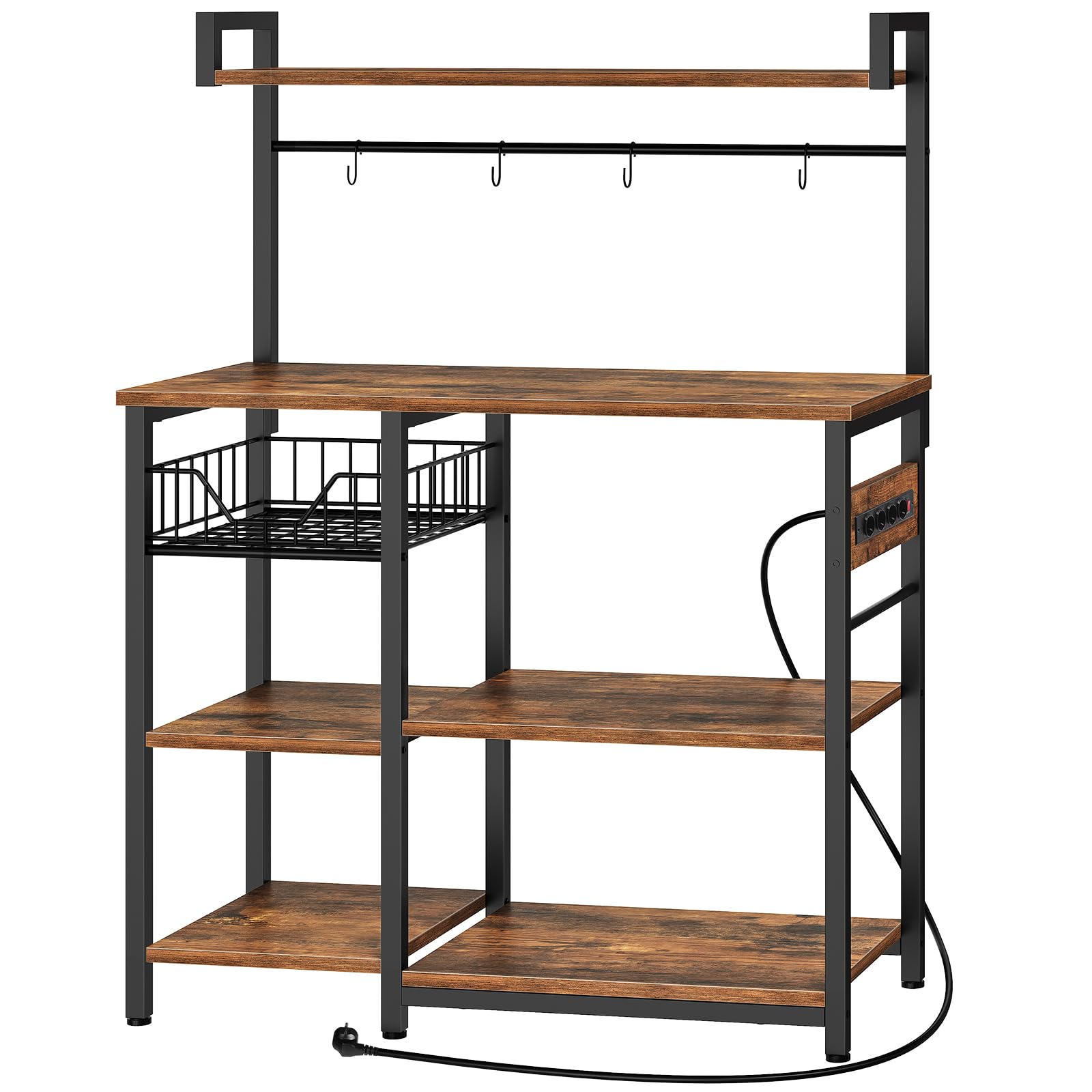 HOOBRO Küchenregal mit Steckdosen, Standregal für Küche, Regal, Mikrowellen-Ofenständer mit 4 S-Haken, 40 x 90 x 132 cm, rustikales Braun und Schwarz EBF05CHB01G1