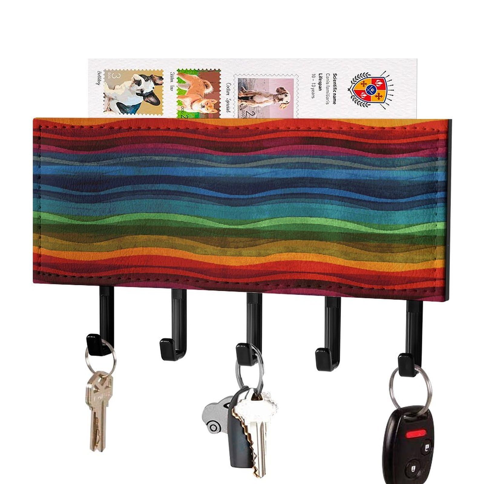 FekiLoot Rainbow Key Holder for Wall Decorative Mail Organizer with 5 Key Hook Self Adhesive Key Rack with Tray Coat Rack Wall Mount Key Hanger Decor for Entryway Door