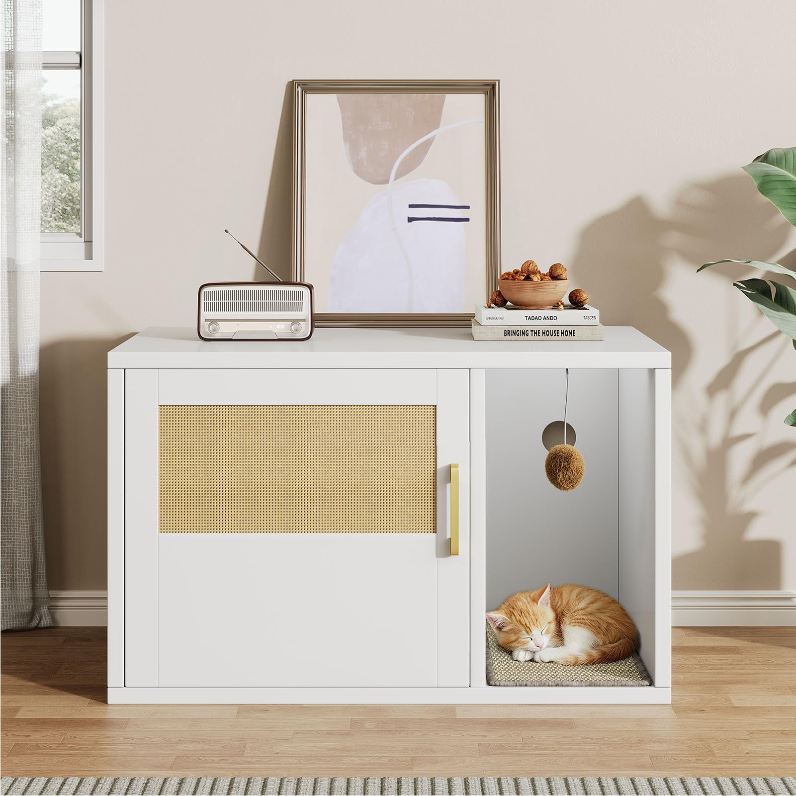 Wennzy Hidden Cat Litter Box Enclosure with Cat Scratch Pad, Farmhouse Enclosed White Cat Cabinet Litter Box Furniture with Bell, 31.5x19.69x19.69 in