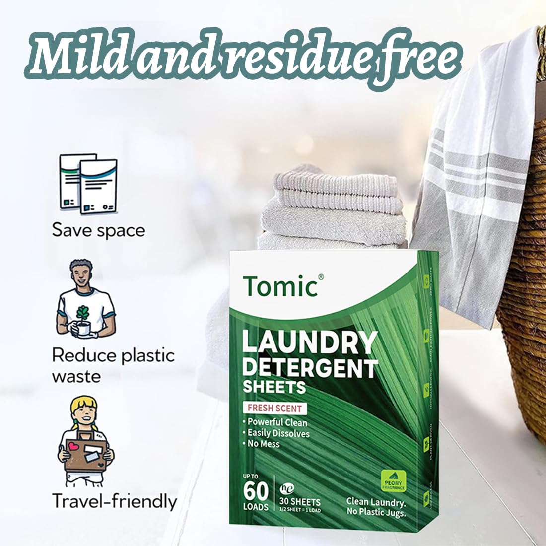 Lessive en Feuille Biodégradable, 30 sheets/60 loads, 100% Hydrosoluble-Lessive pour bebe-Hypoallergénique-Sans Plastique, Pour Blanc et Couleur-Lessive main voyage-Fraîcheur intense